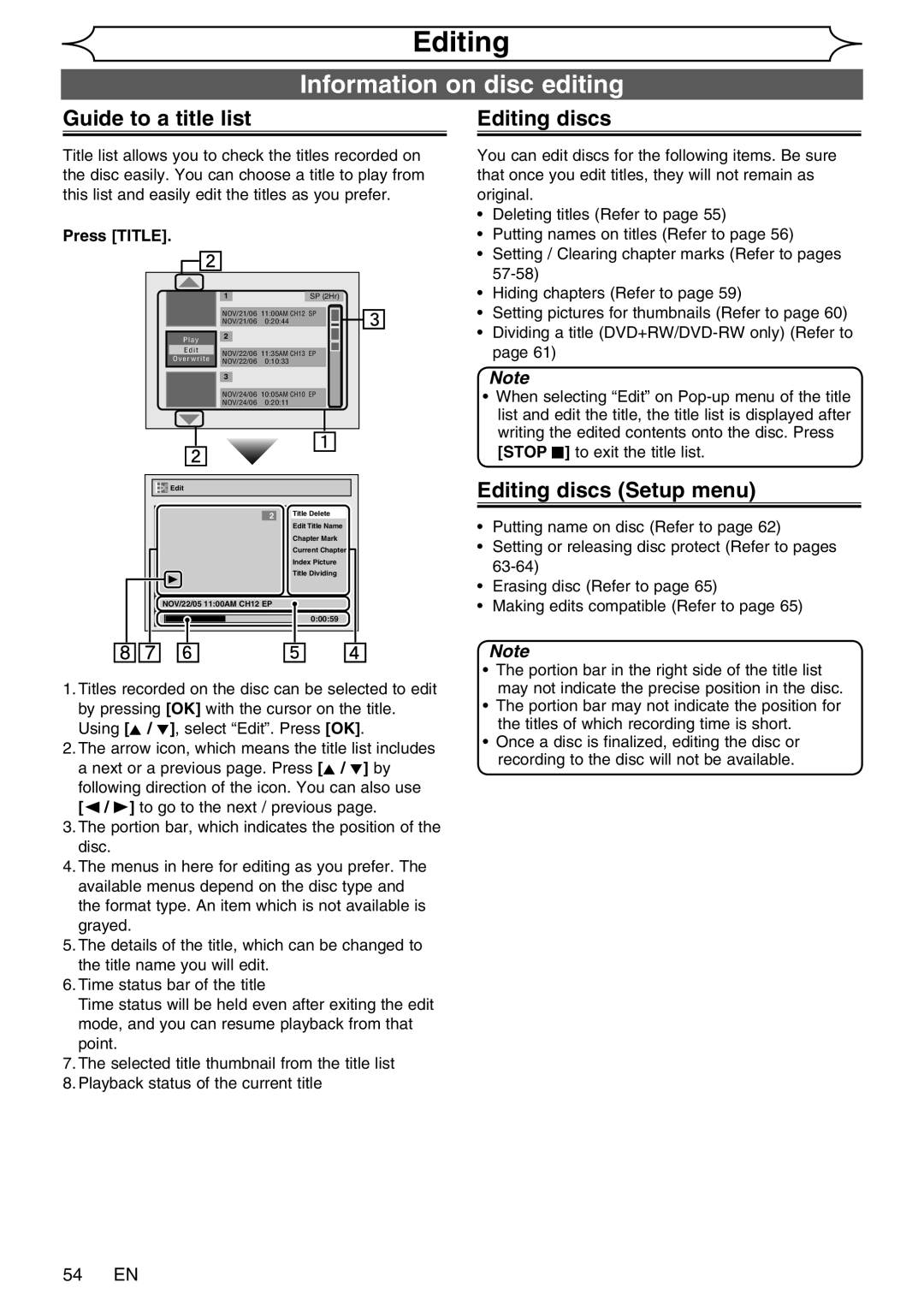 FUNAI WV20V6 owner manual Information on disc editing, Guide to a title list, Editing discs Setup menu 