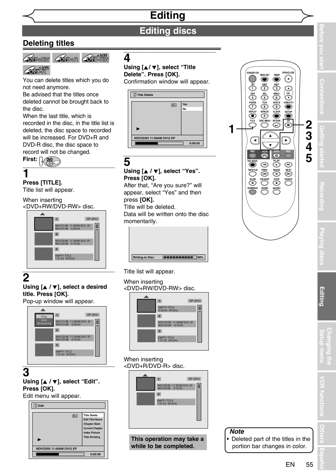 FUNAI WV20V6 owner manual Editing discs, Deleting titles, Using K / L, select a desired title. Press OK 