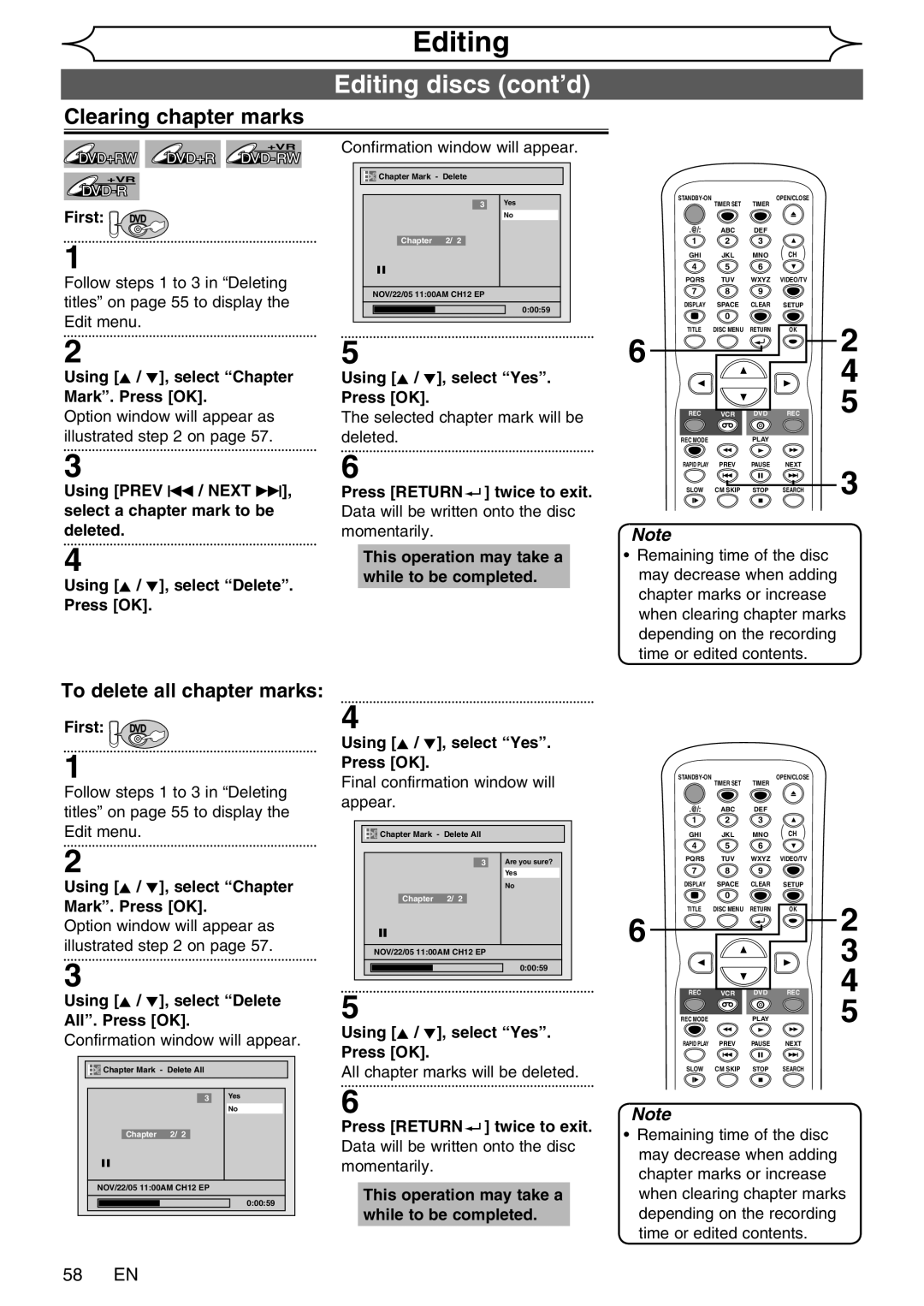 FUNAI WV20V6 Clearing chapter marks, 58 EN, Using K / L, select Delete All. Press OK, All chapter marks will be deleted 