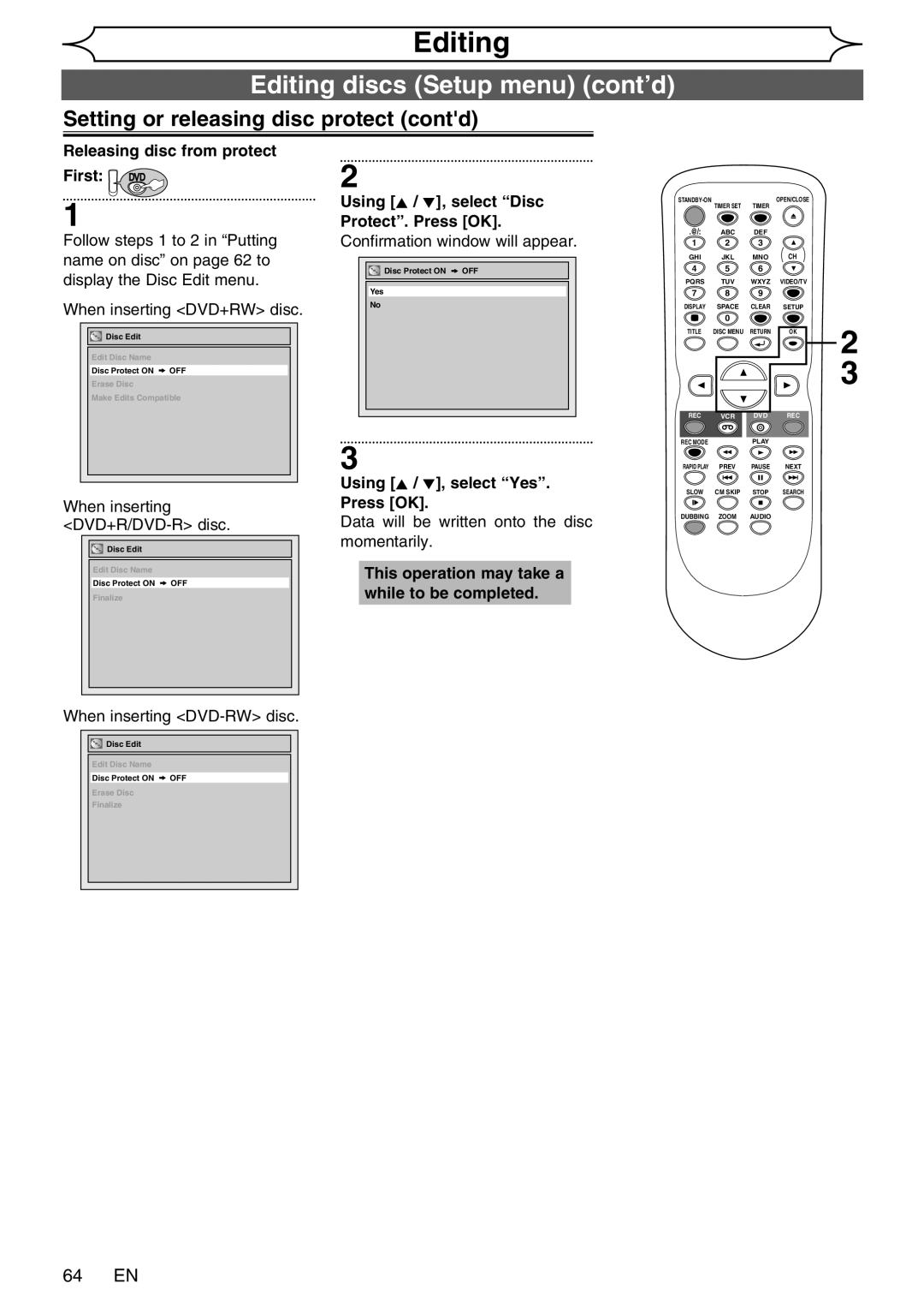 FUNAI WV20V6 owner manual Setting or releasing disc protect contd, 64 EN, Releasing disc from protect First DVD 