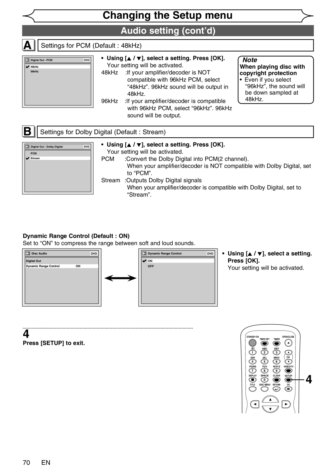 FUNAI WV20V6 Audio setting cont’d, Settings for PCM Default 48kHz, Settings for Dolby Digital Default Stream, 70 EN 