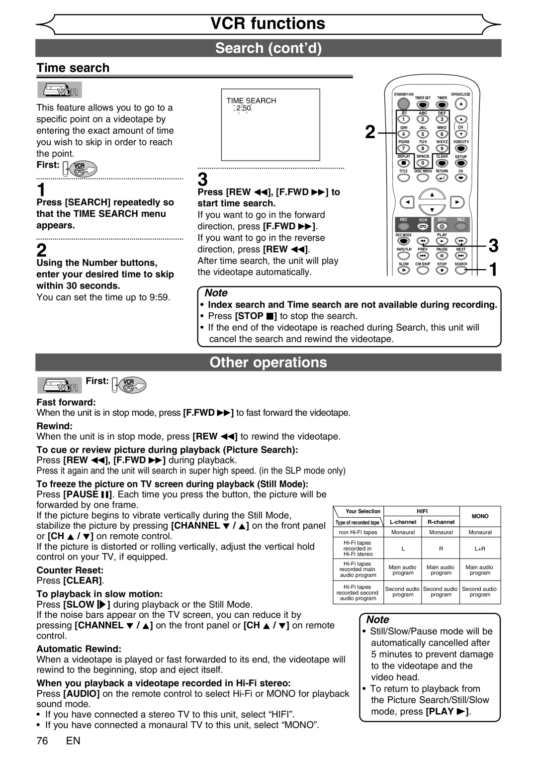 FUNAI WV20V6 owner manual Searchxxxxcont’d, Other operations, 76 EN 