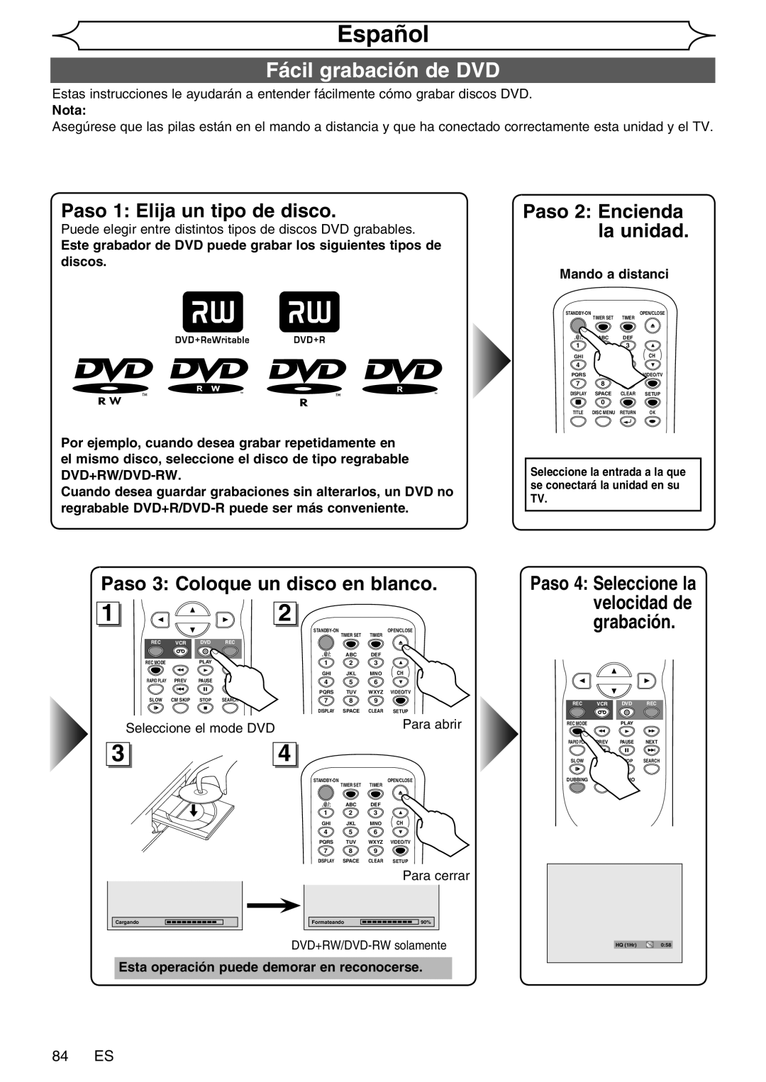 FUNAI WV20V6 owner manual Español, Fácil grabación de DVD, 84 ES 