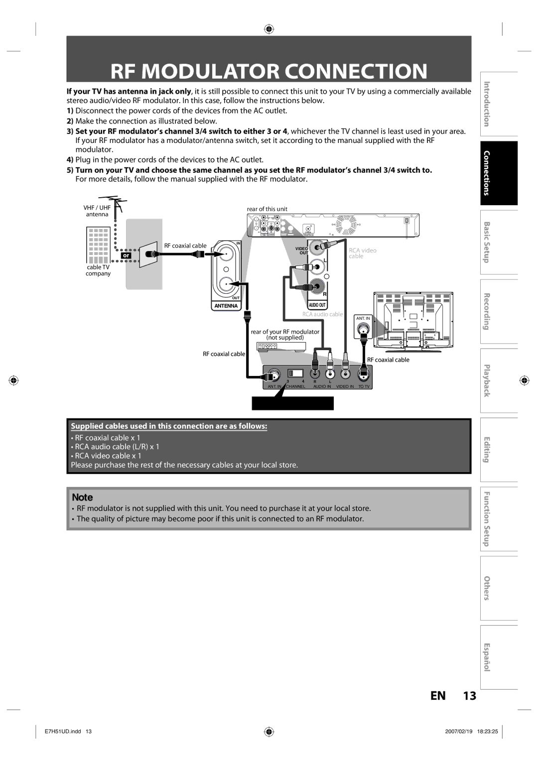 FUNAI ZC350MS8 owner manual RF Modulator Connection, Plug in the power cords of the devices to the AC outlet 