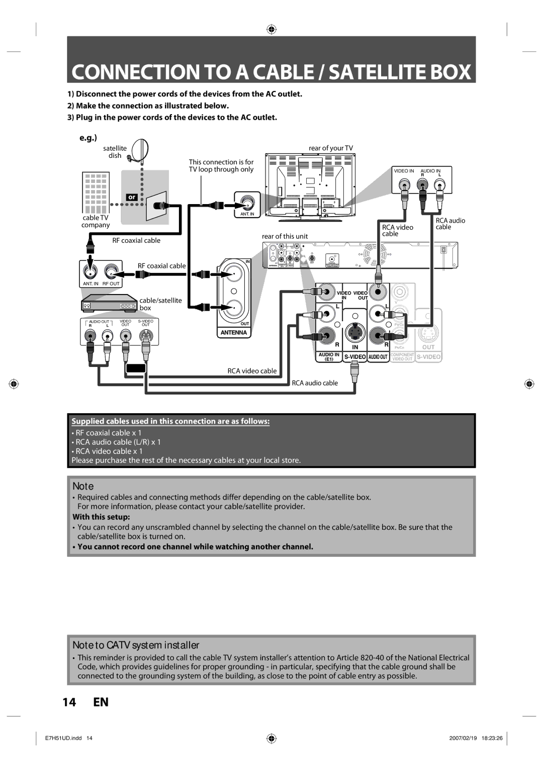 FUNAI ZC350MS8 owner manual Connection to a Cable / Satellite BOX, With this setup 