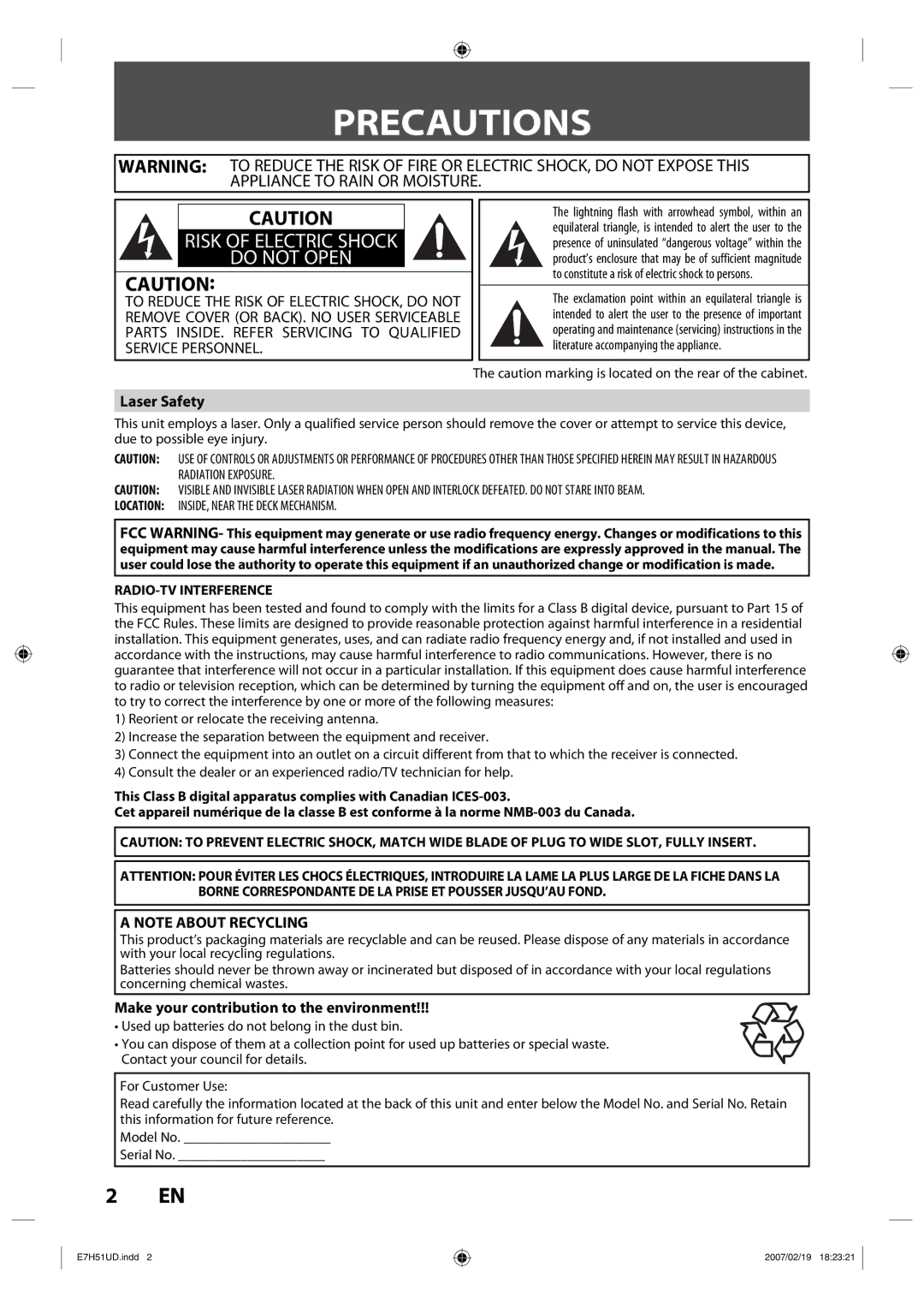 FUNAI ZC350MS8 owner manual Precautions, Laser Safety, Make your contribution to the environment 