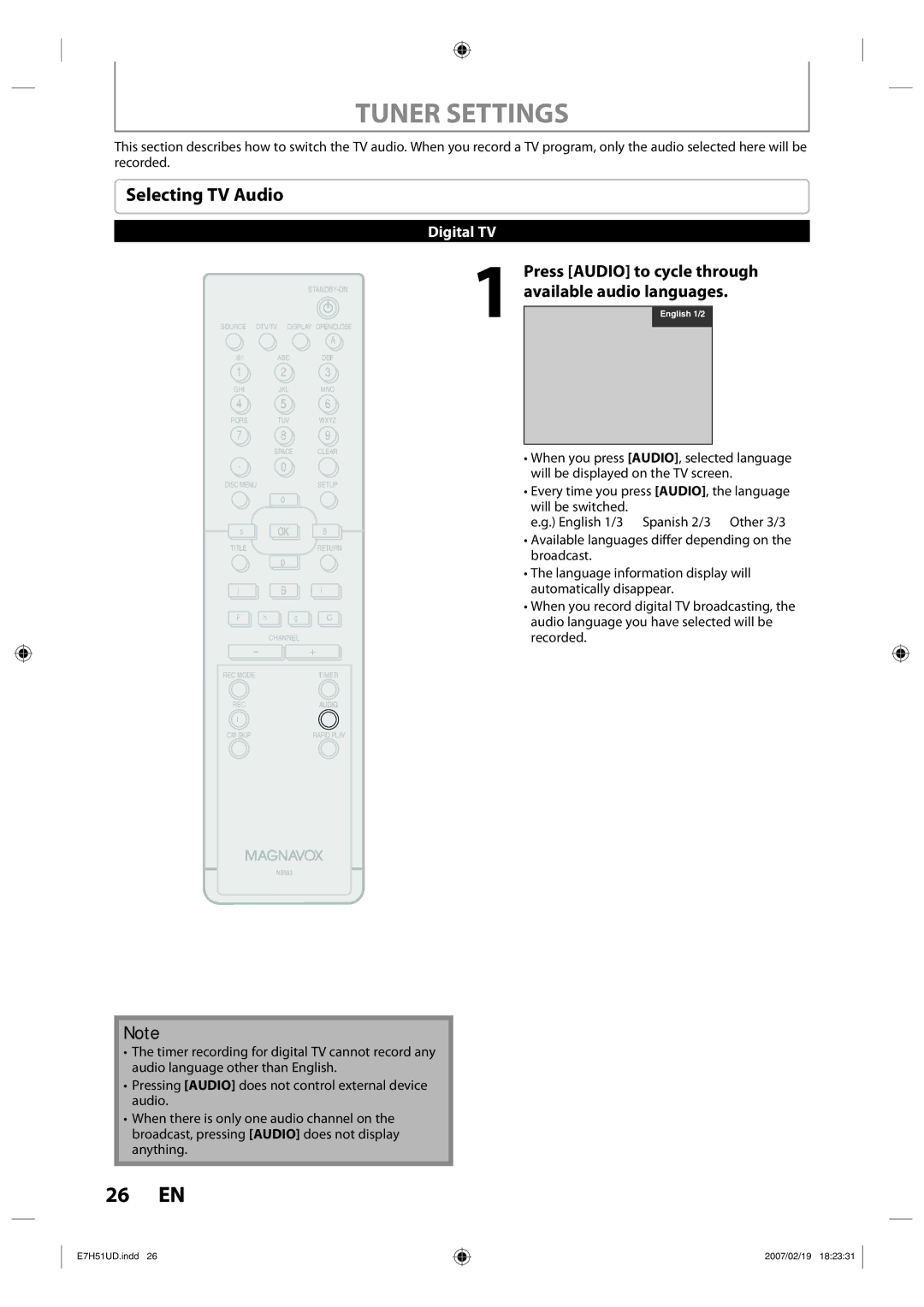 FUNAI ZC350MS8 owner manual Tuner Settings, Selecting TV Audio 