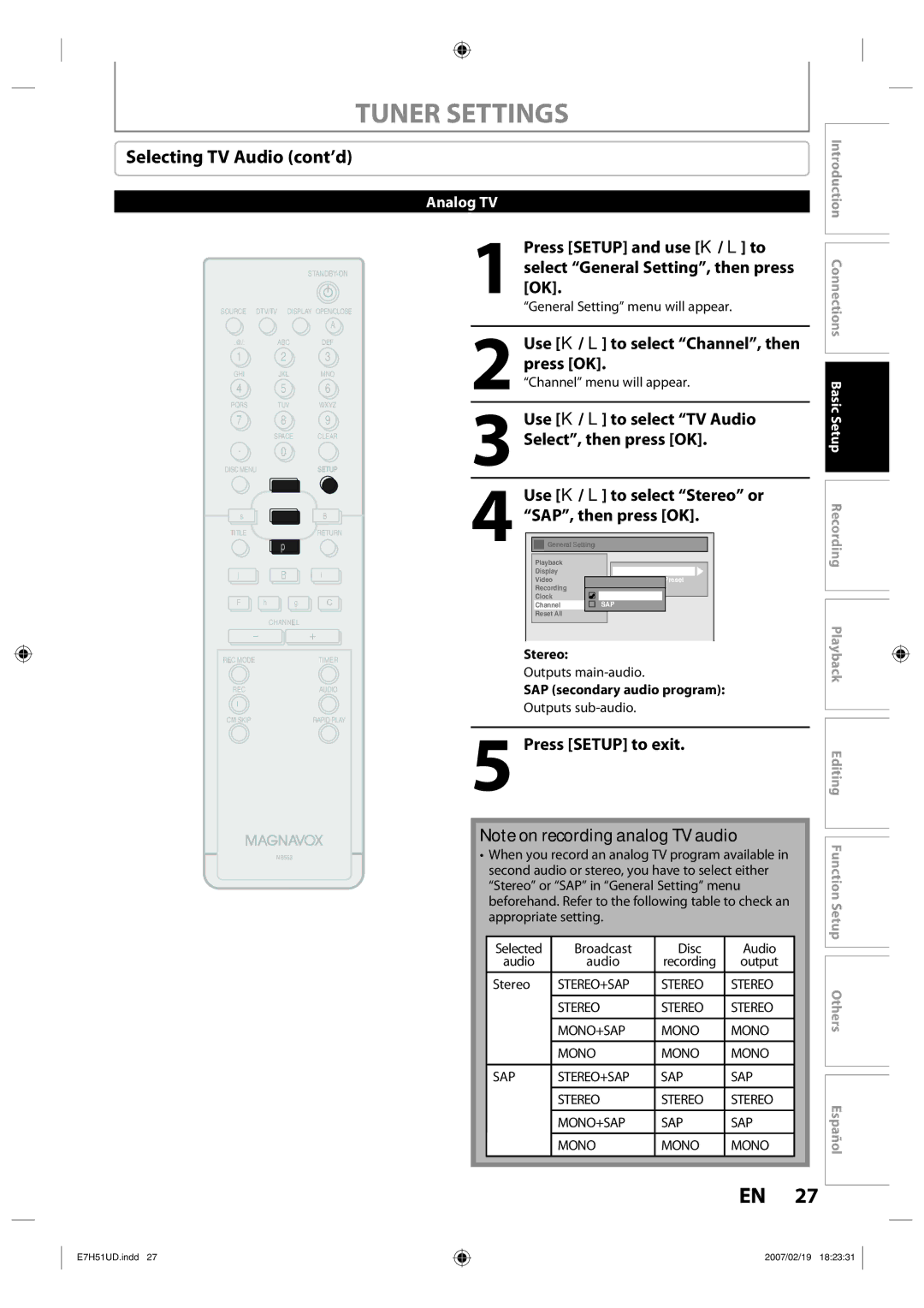 FUNAI ZC350MS8 Selecting TV Audio cont’d, Use K / L to select TV Audio Select, then press OK, Outputs main-audio 