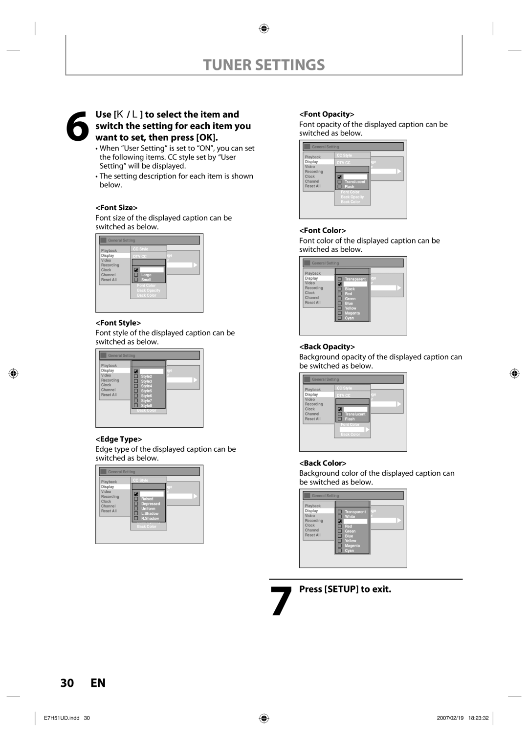 FUNAI ZC350MS8 owner manual Font Size, Font Style, Edge Type, Font Opacity, Font Color, Back Color 