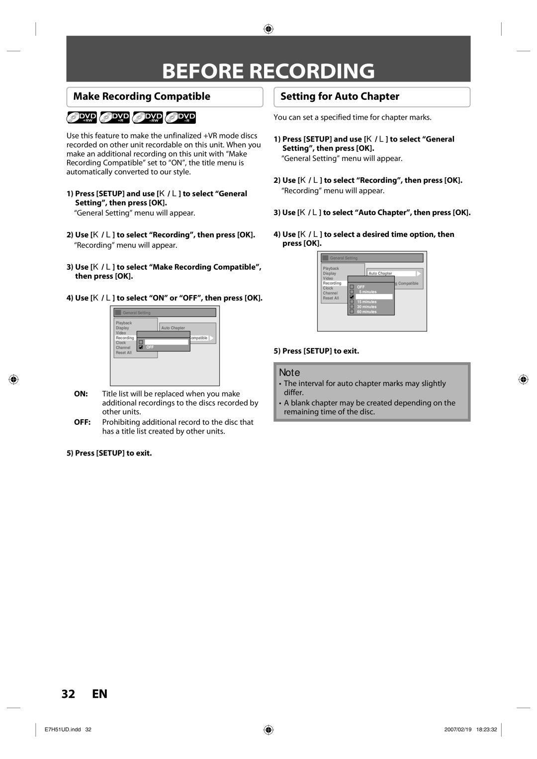 FUNAI ZC350MS8 owner manual Before Recording, Make Recording Compatible, Setting for Auto Chapter, Press Setup to exit 