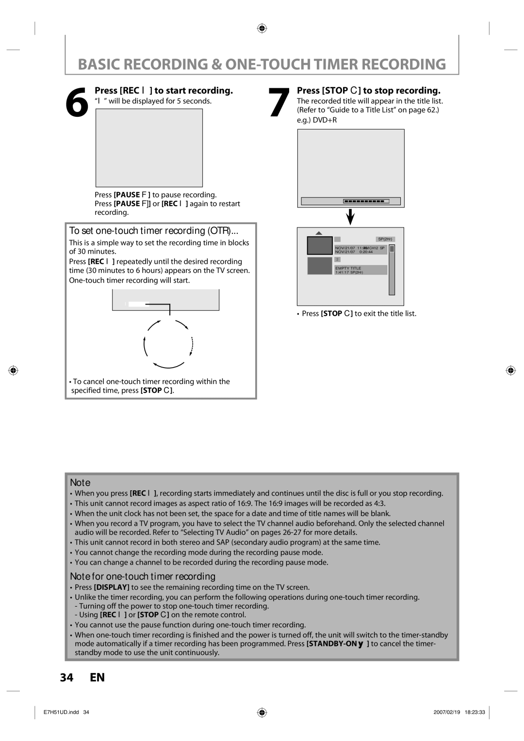 FUNAI ZC350MS8 owner manual Basic Recording & ONE-TOUCH Timer Recording, Press Stop C to exit the title list 