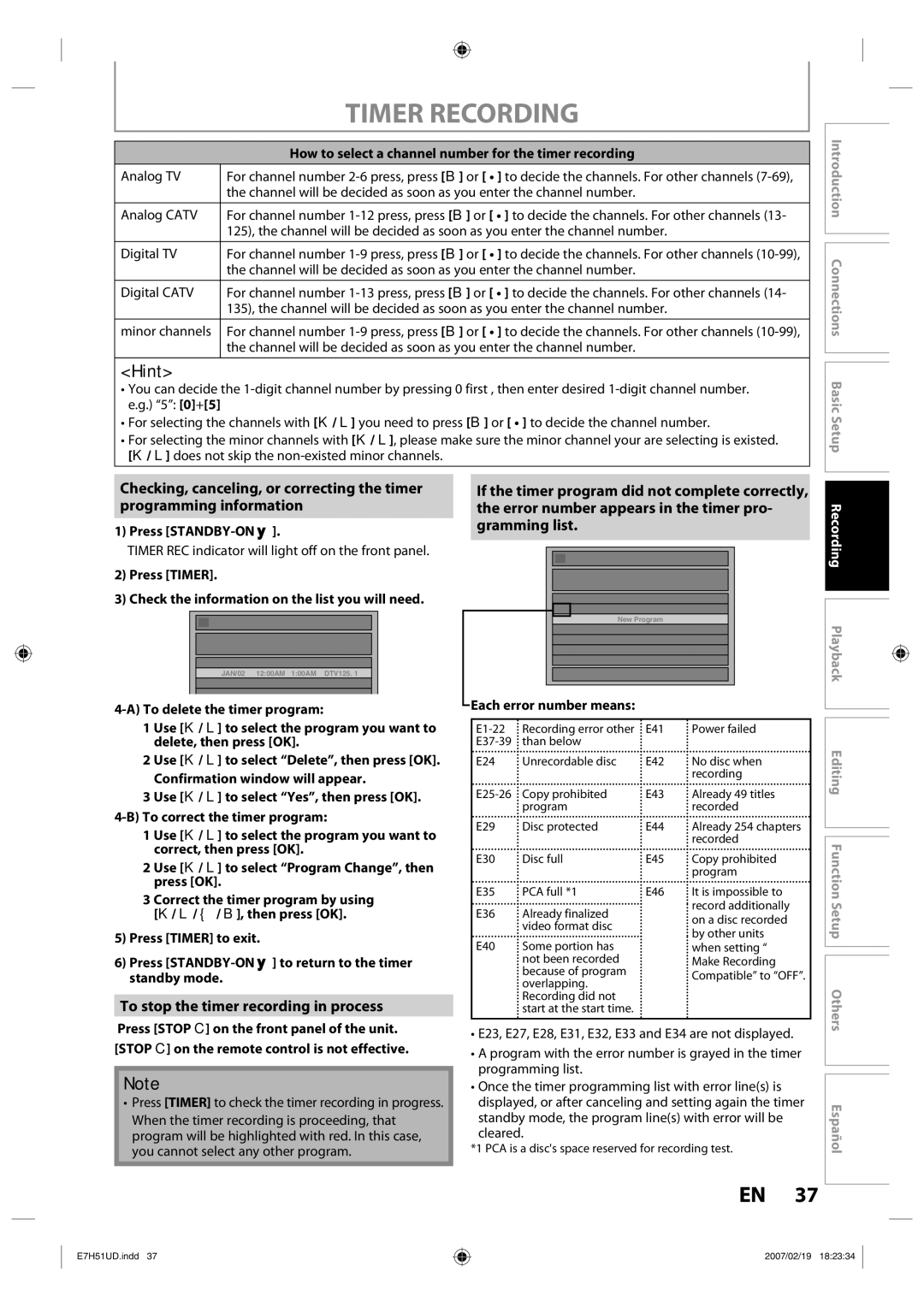 FUNAI ZC350MS8 owner manual To stop the timer recording in process, How to select a channel number for the timer recording 