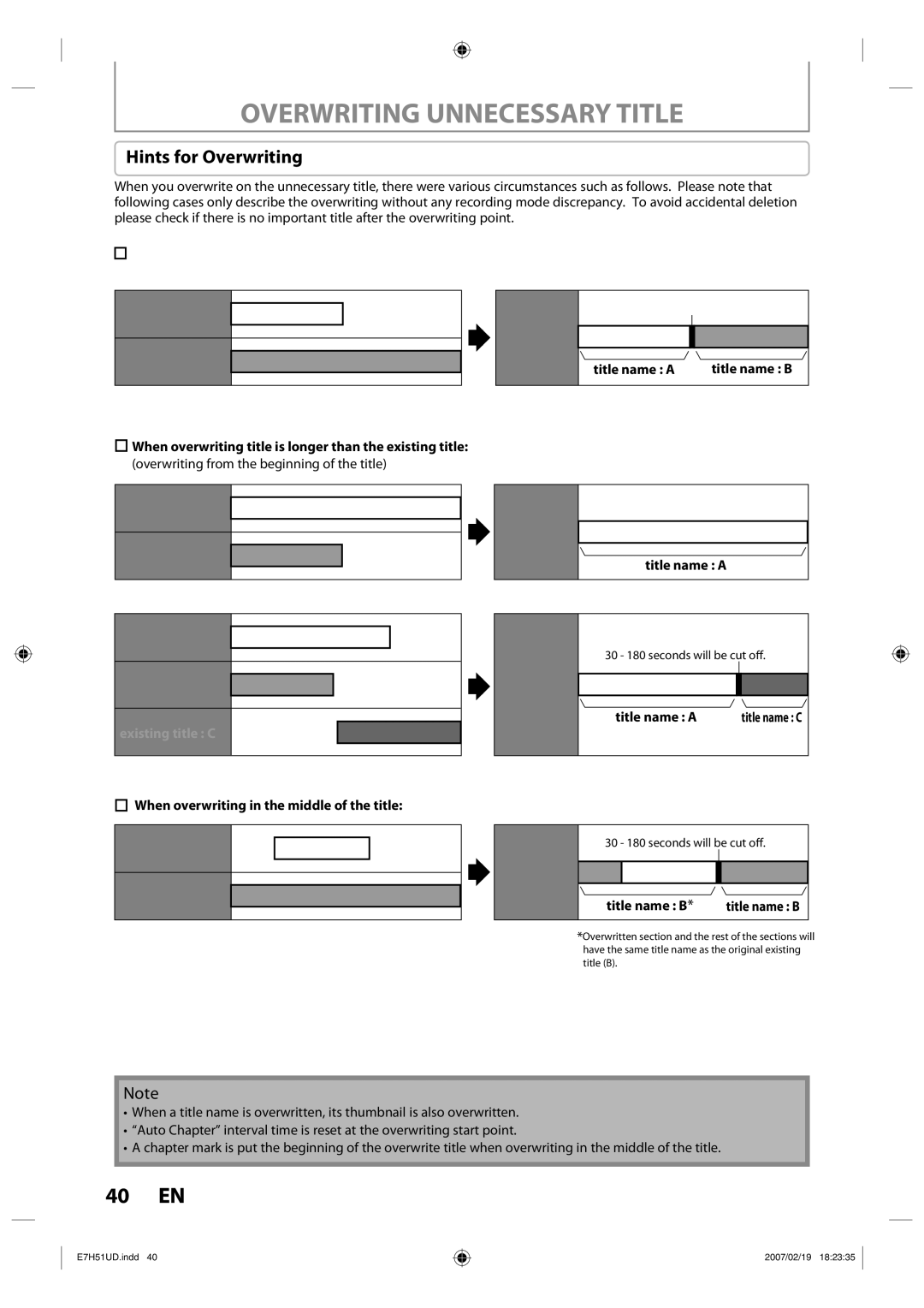 FUNAI ZC350MS8 owner manual Overwriting Unnecessary Title, Hints for Overwriting 