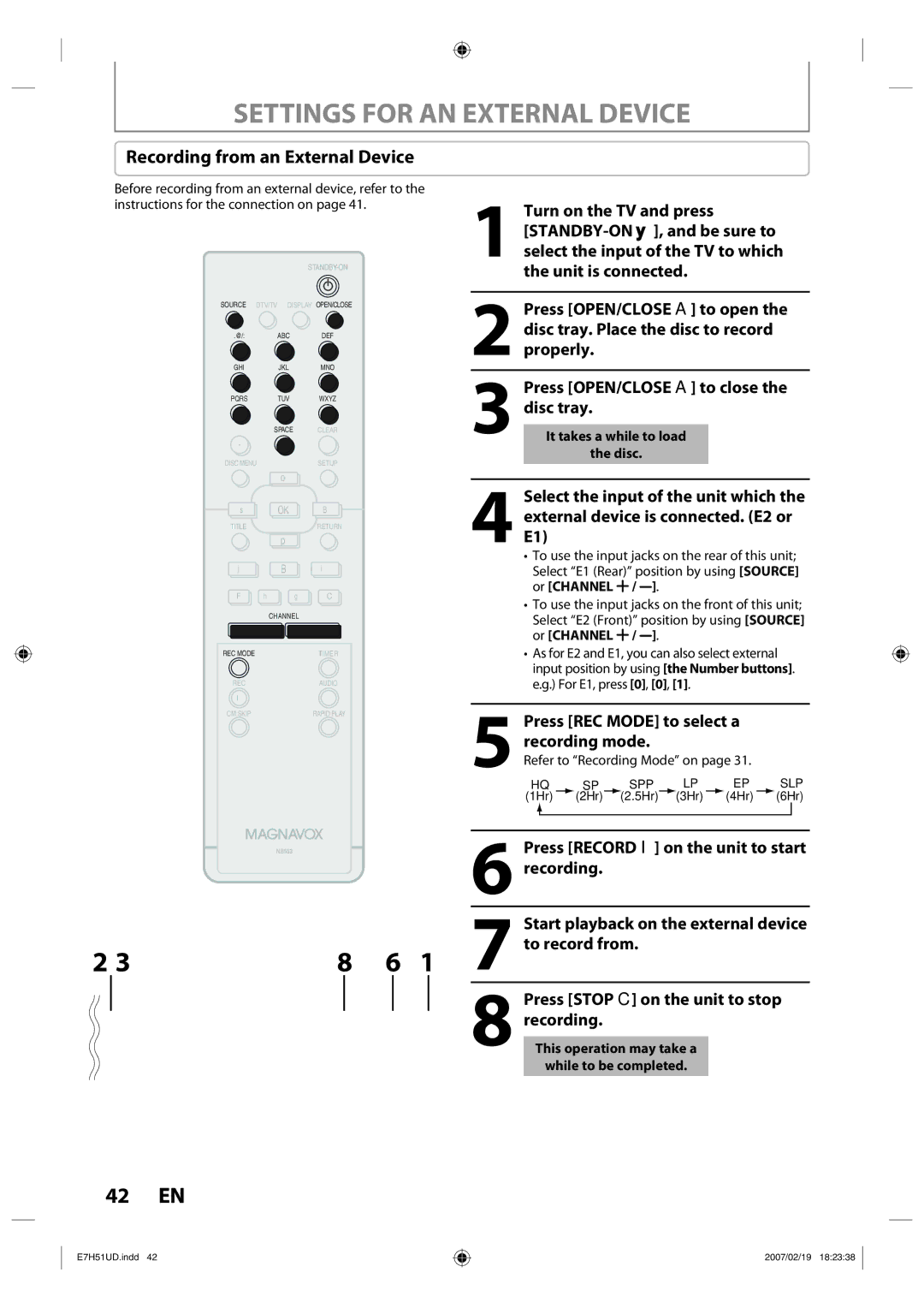 FUNAI ZC350MS8 owner manual Settings for AN External Device, Recording from an External Device 