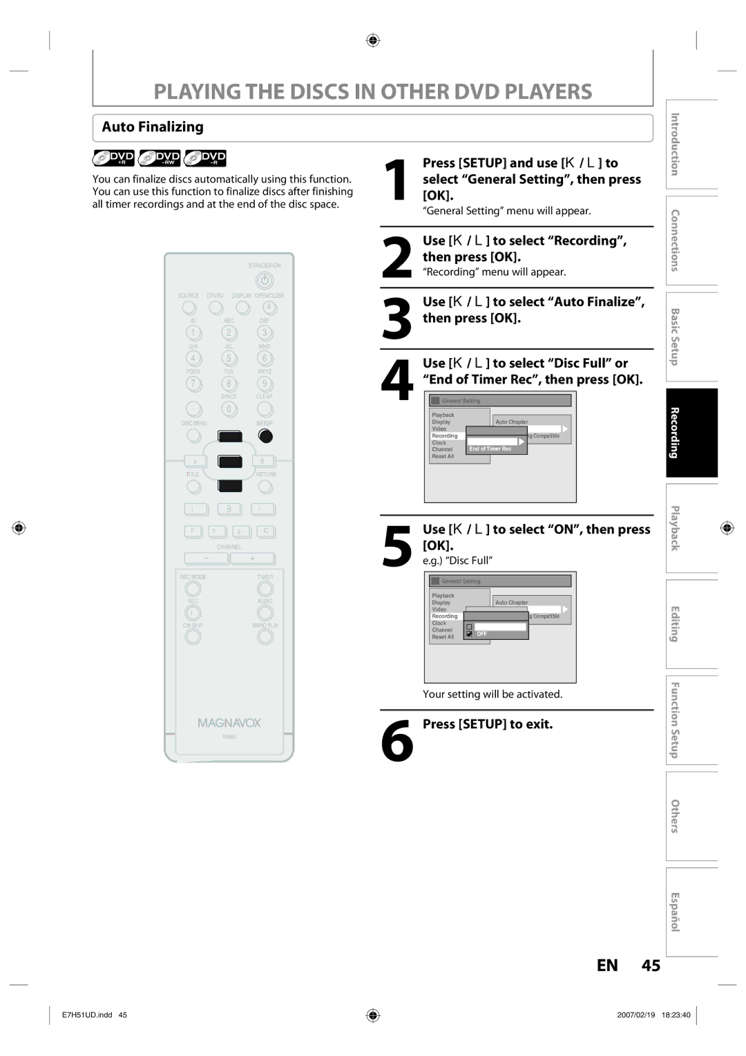 FUNAI ZC350MS8 owner manual Playing the Discs in Other DVD Players, Auto Finalizing 