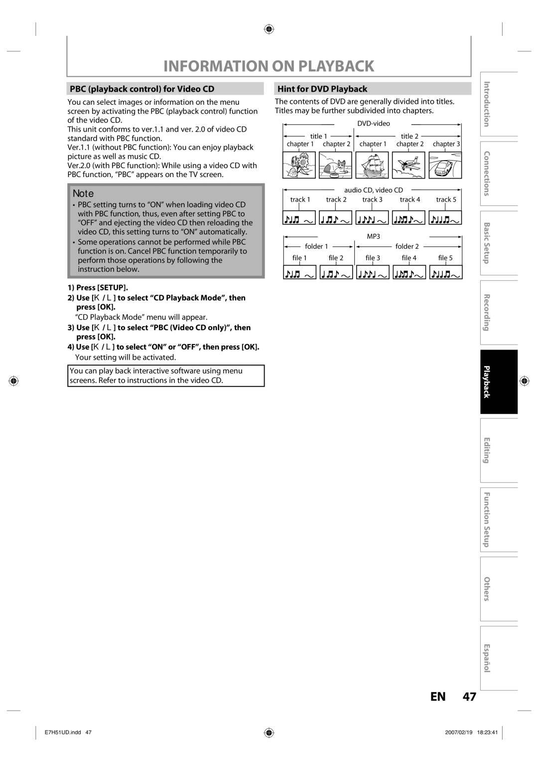 FUNAI ZC350MS8 owner manual Information on Playback, PBC playback control for Video CD, Hint for DVD Playback 