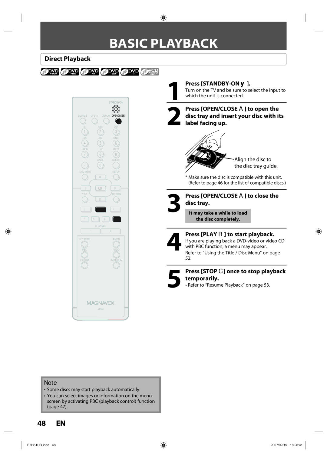 FUNAI ZC350MS8 owner manual Basic Playback, Direct Playback, Press Play B to start playback 