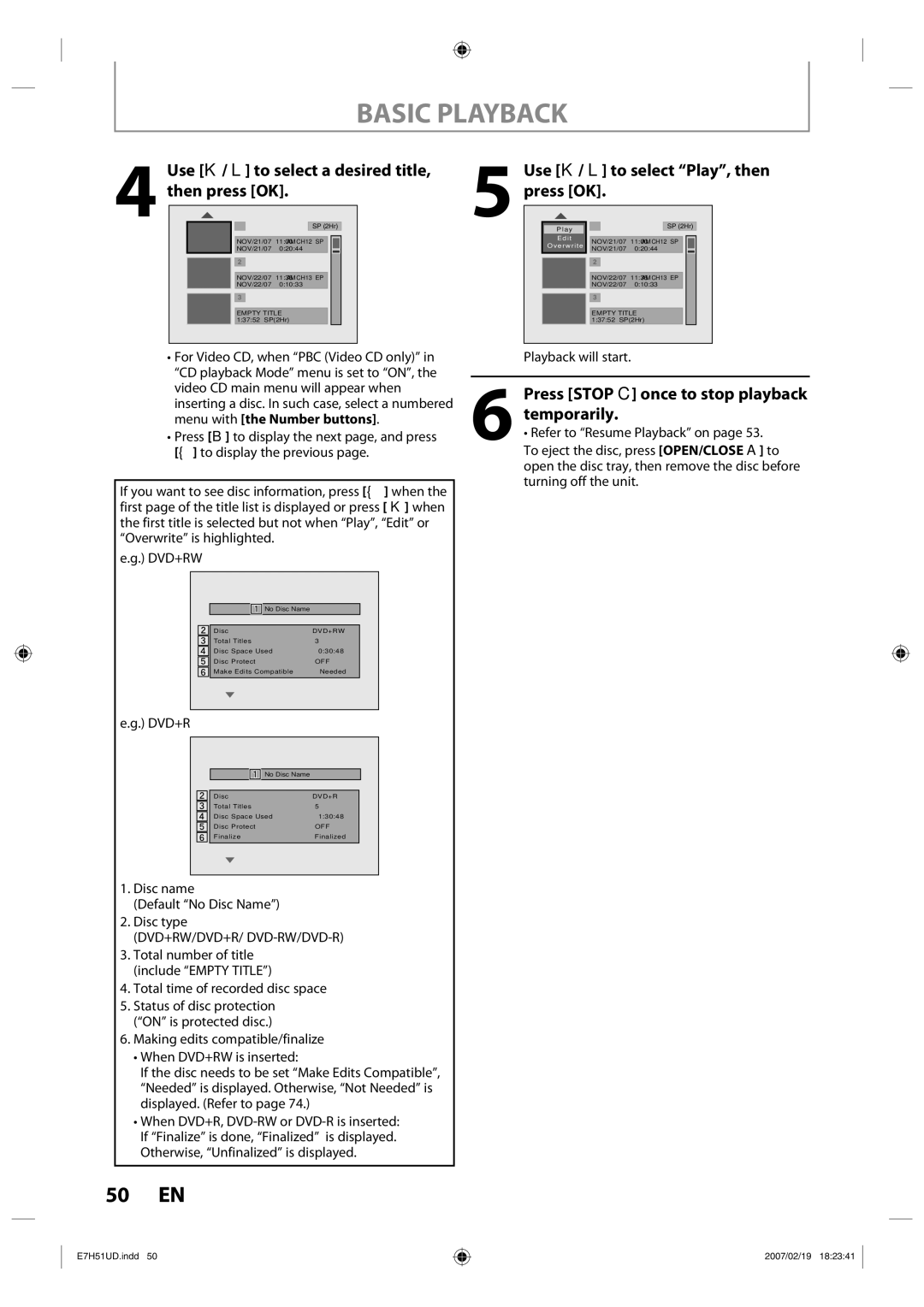 FUNAI ZC350MS8 Use K / L to select a desired title, Then press OK, Press Stop C once to stop playback, Press OK 