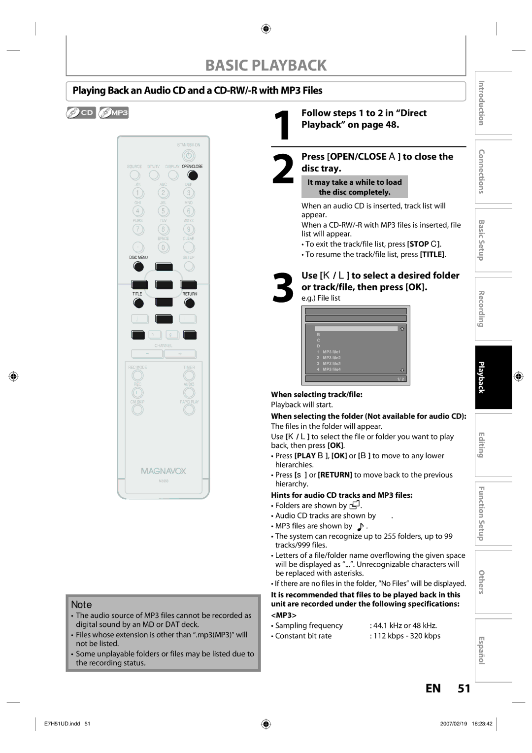 FUNAI ZC350MS8 Playing Back an Audio CD and a CD-RW/-R with MP3 Files, Follow steps 1 to 2 in Direct Playback on 