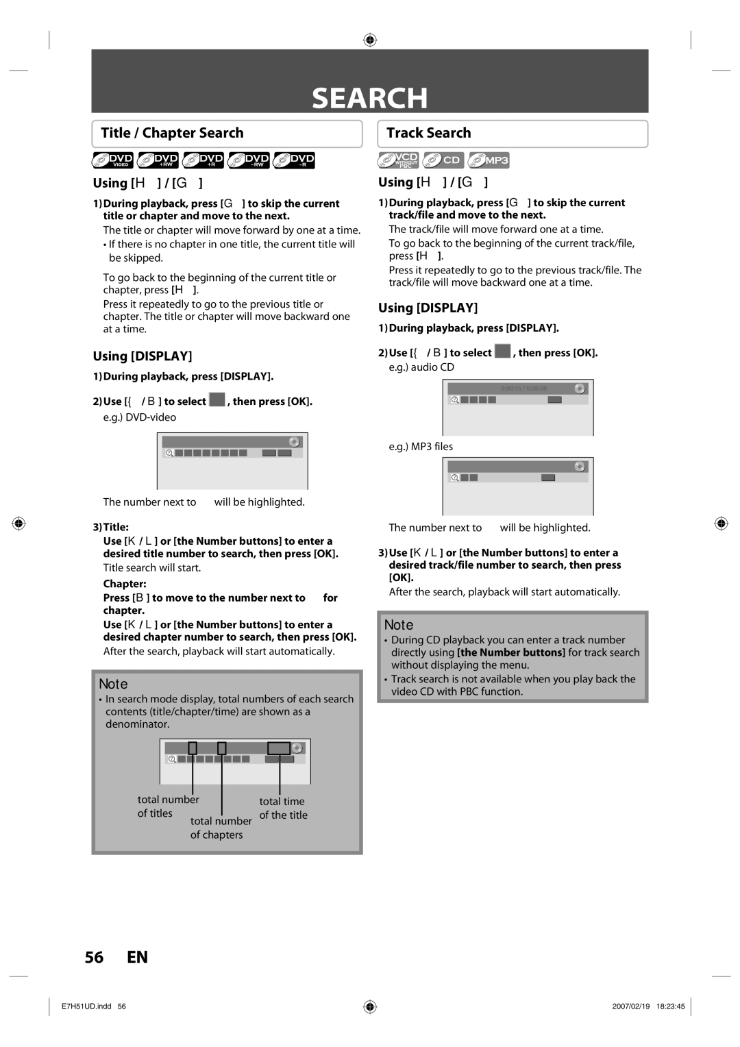 FUNAI ZC350MS8 owner manual Title / Chapter Search, Using H / G, Using Display 