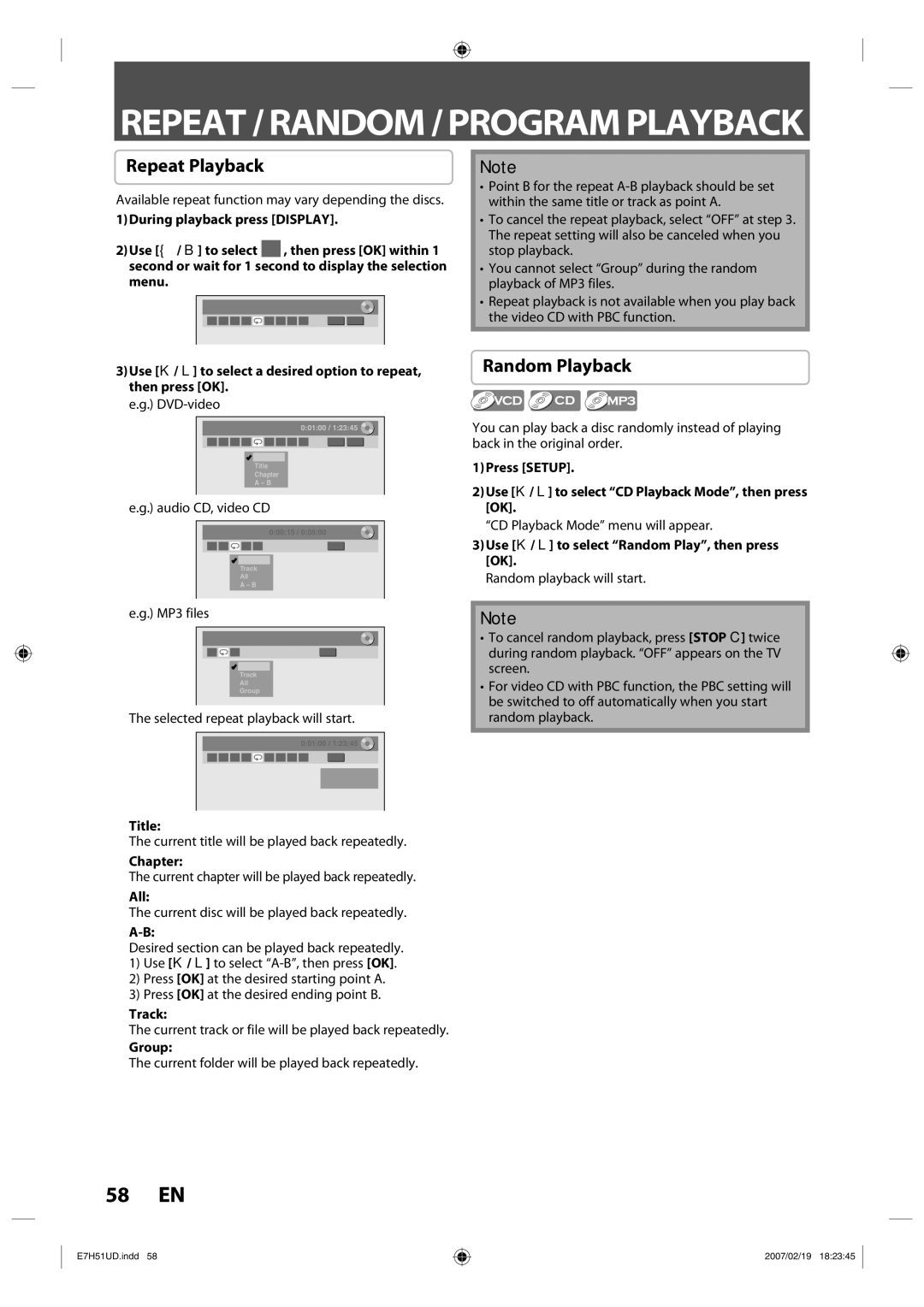 FUNAI ZC350MS8 owner manual Repeat / Random / Program Playback, Repeat Playback, Random Playback 