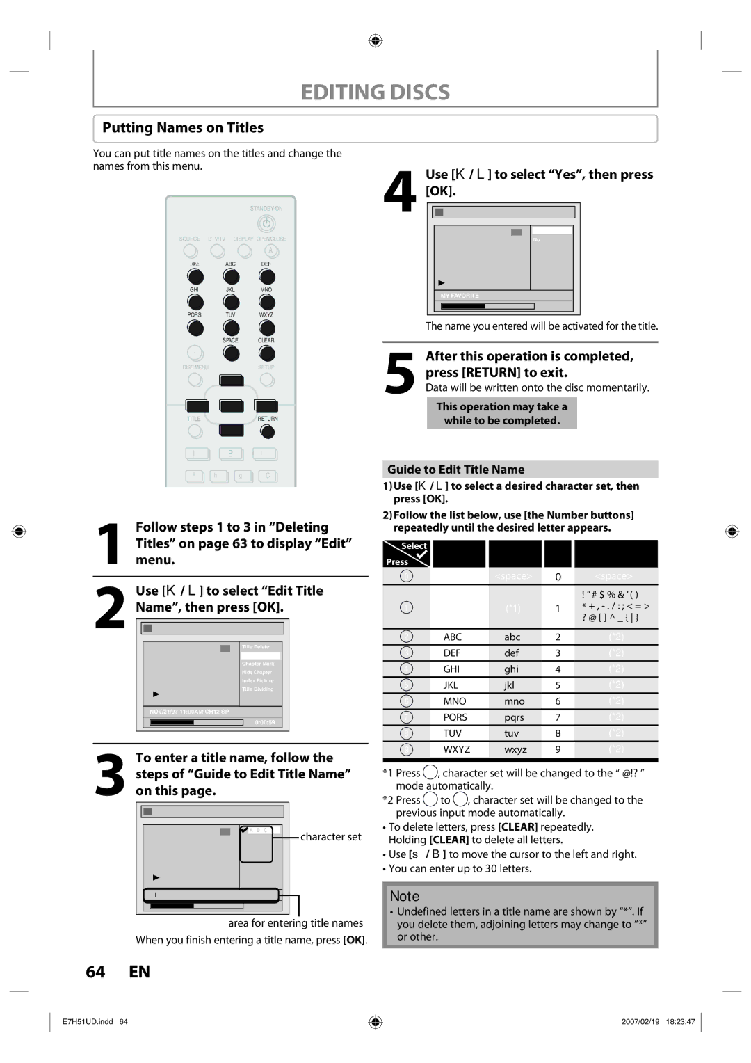 FUNAI ZC350MS8 Editing Discs, Putting Names on Titles, Use K / L to select Edit Title, Guide to Edit Title Name 