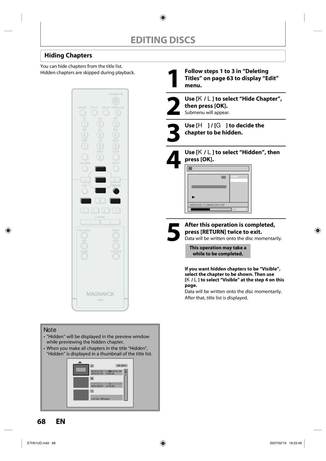 FUNAI ZC350MS8 owner manual Hiding Chapters 