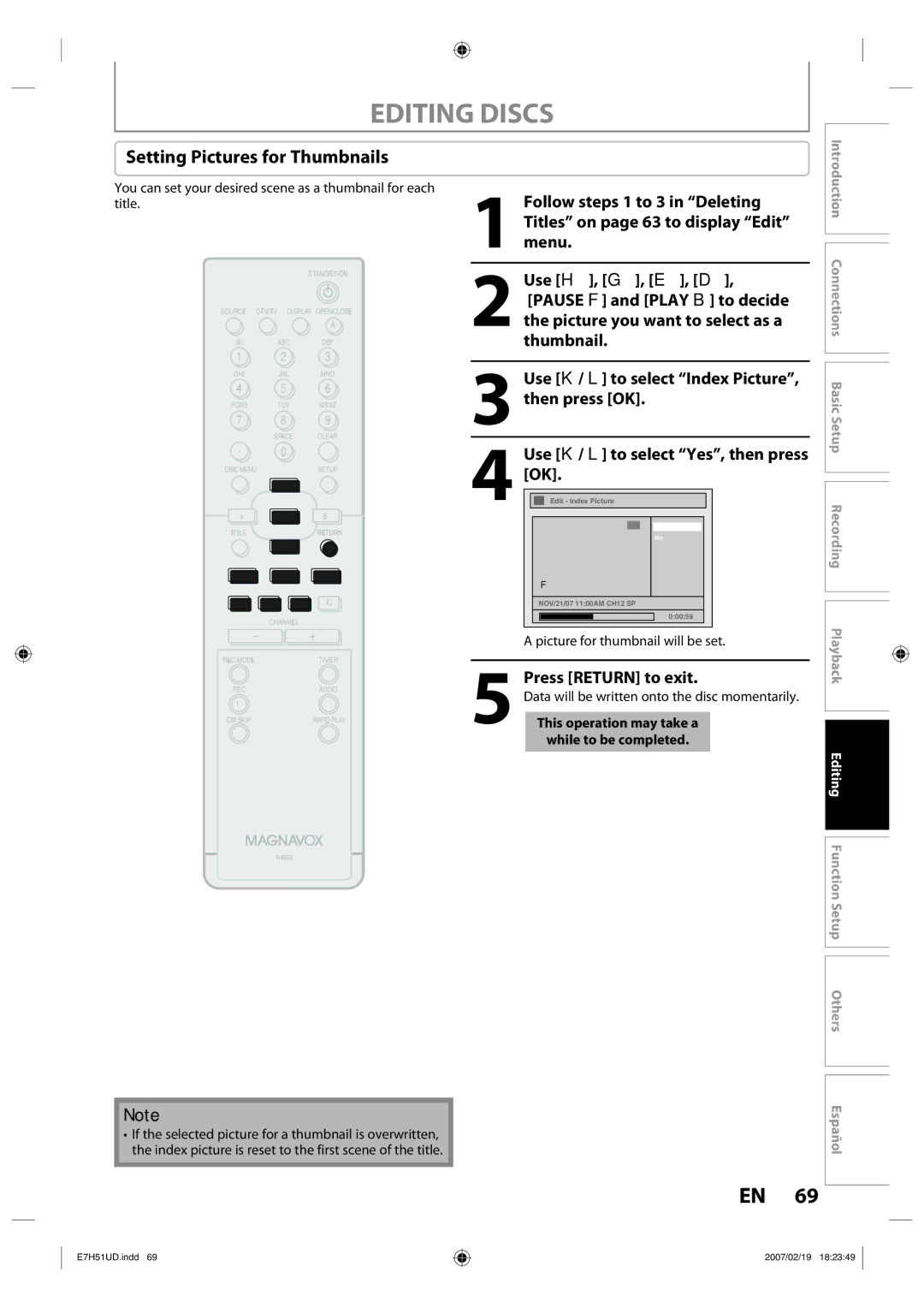 FUNAI ZC350MS8 owner manual Setting Pictures for Thumbnails, You can set your desired scene as a thumbnail for each title 