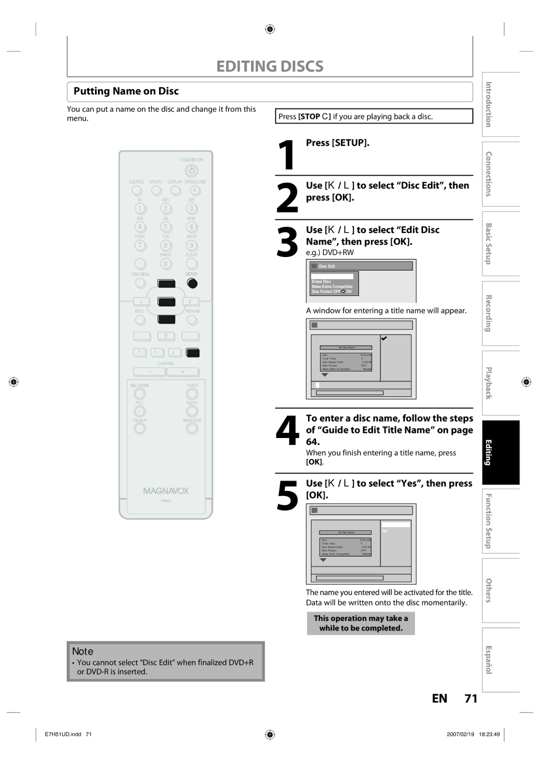 FUNAI ZC350MS8 owner manual Putting Name on Disc 