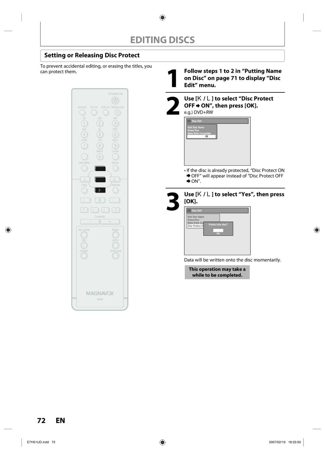 FUNAI ZC350MS8 owner manual Setting or Releasing Disc Protect 