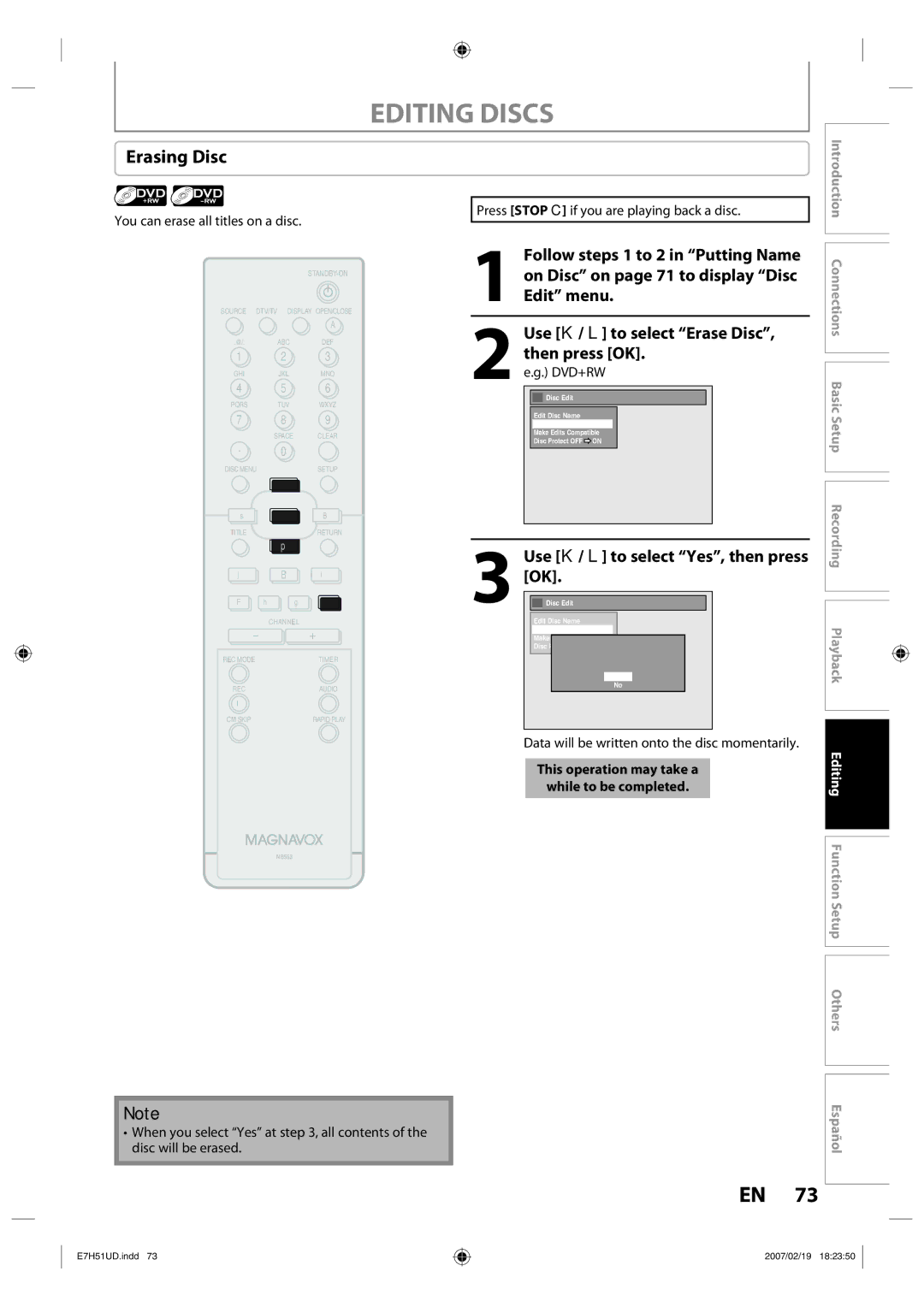 FUNAI ZC350MS8 owner manual Erasing Disc, You can erase all titles on a disc, Press Stop C if you are playing back a disc 