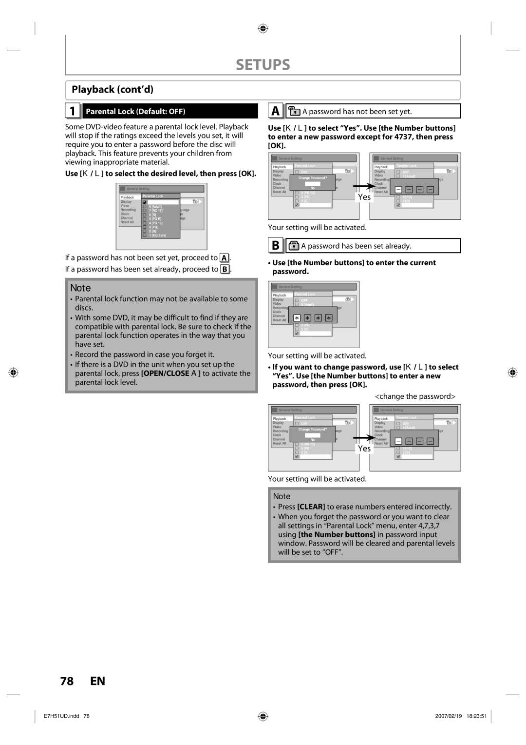 FUNAI ZC350MS8 Setups, Playback cont’d, Parental Lock Default OFF, Use K / L to select the desired level, then press OK 