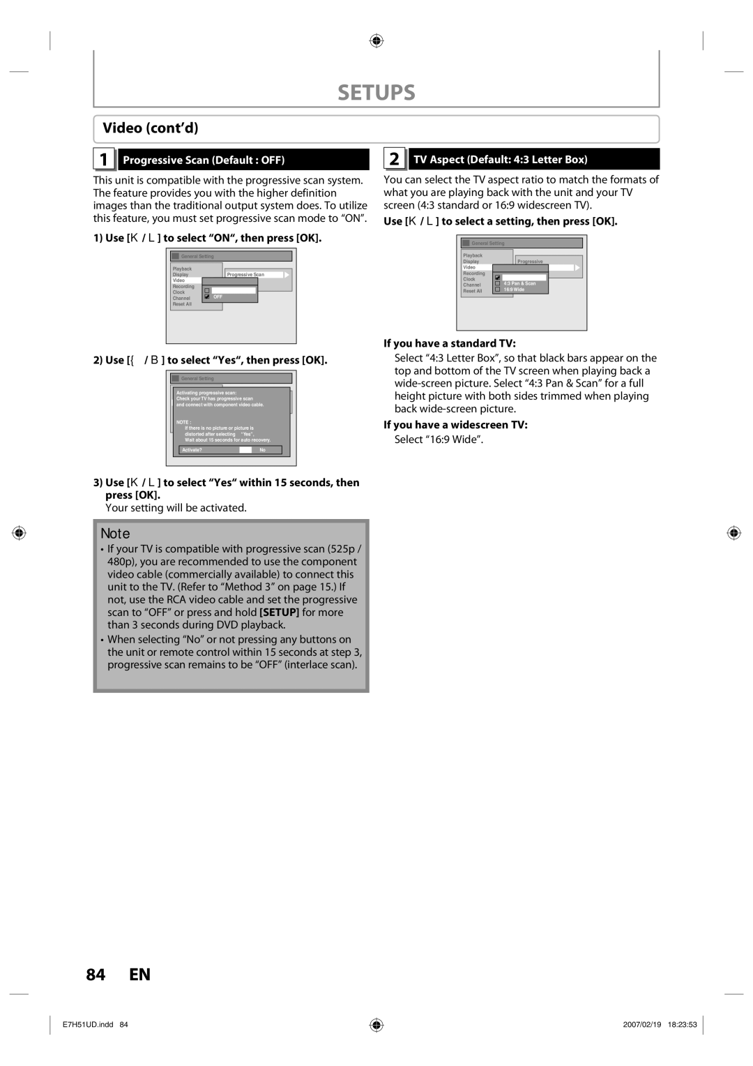 FUNAI ZC350MS8 owner manual Video cont’d, Progressive Scan Default OFF, TV Aspect Default 43 Letter Box 