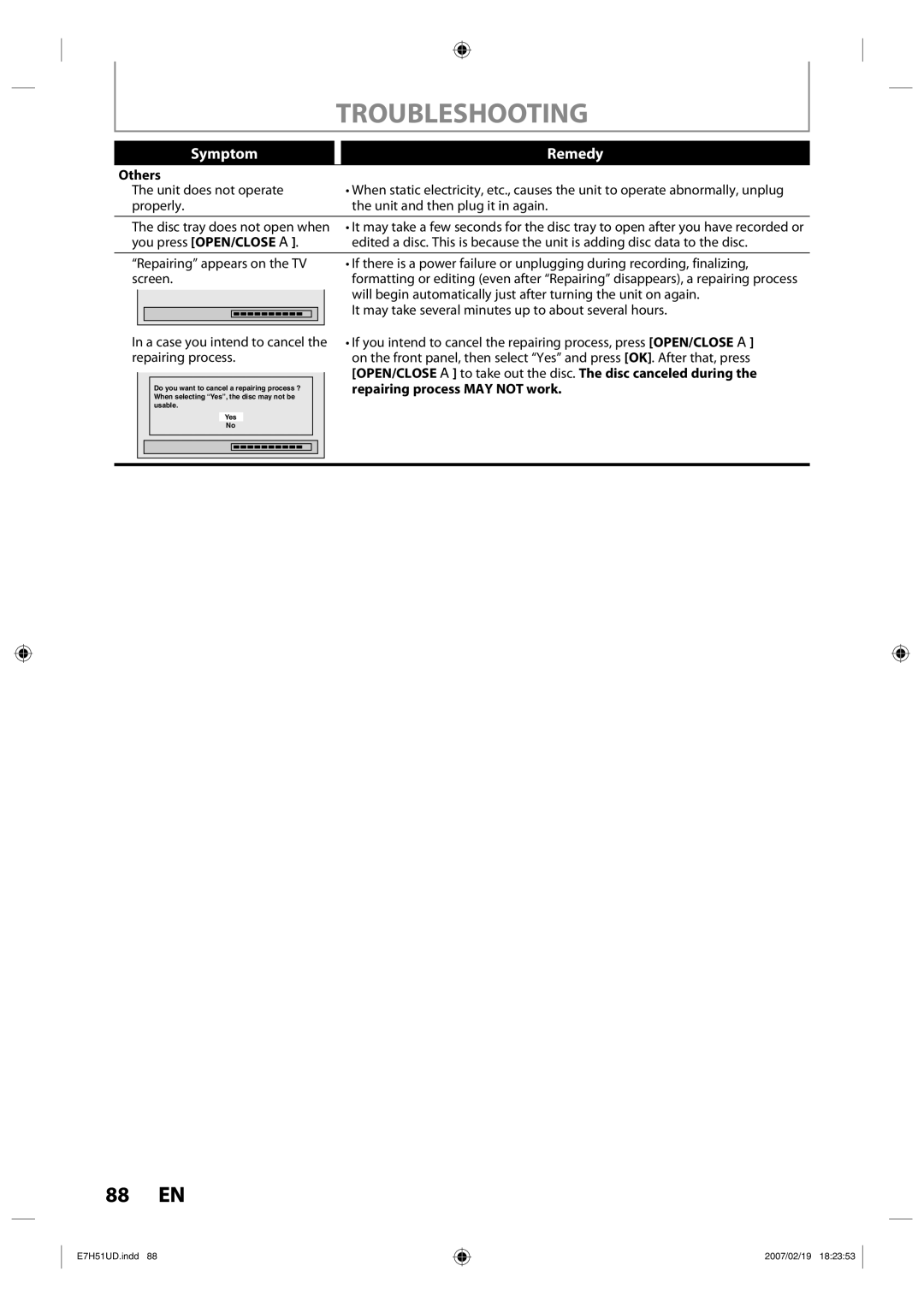 FUNAI ZC350MS8 owner manual Others, You press OPEN/CLOSE a, OPEN/CLOSE a to take out the disc. The disc canceled during 