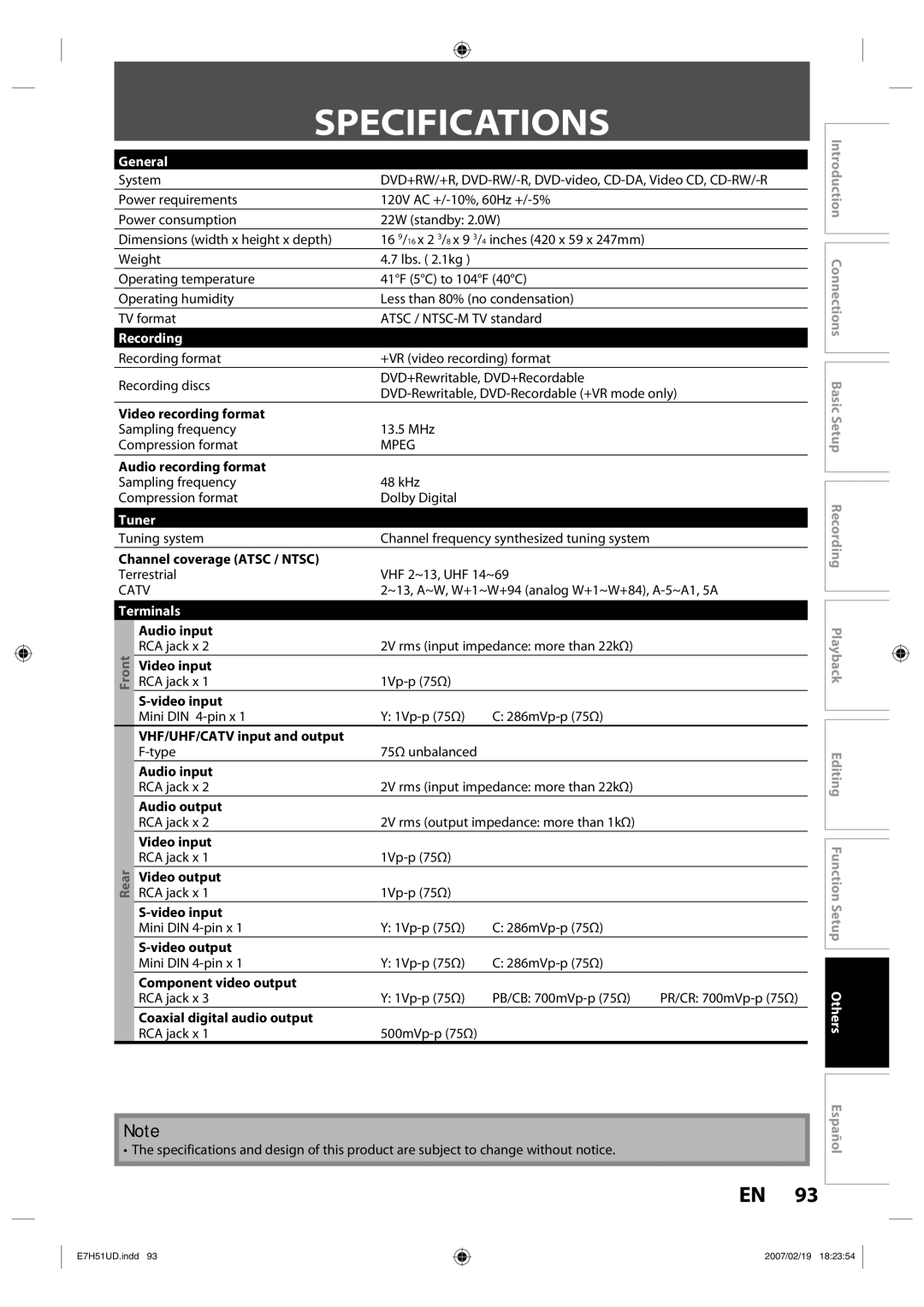 FUNAI ZC350MS8 owner manual Specifications, General, Recording, Tuner, Terminals 