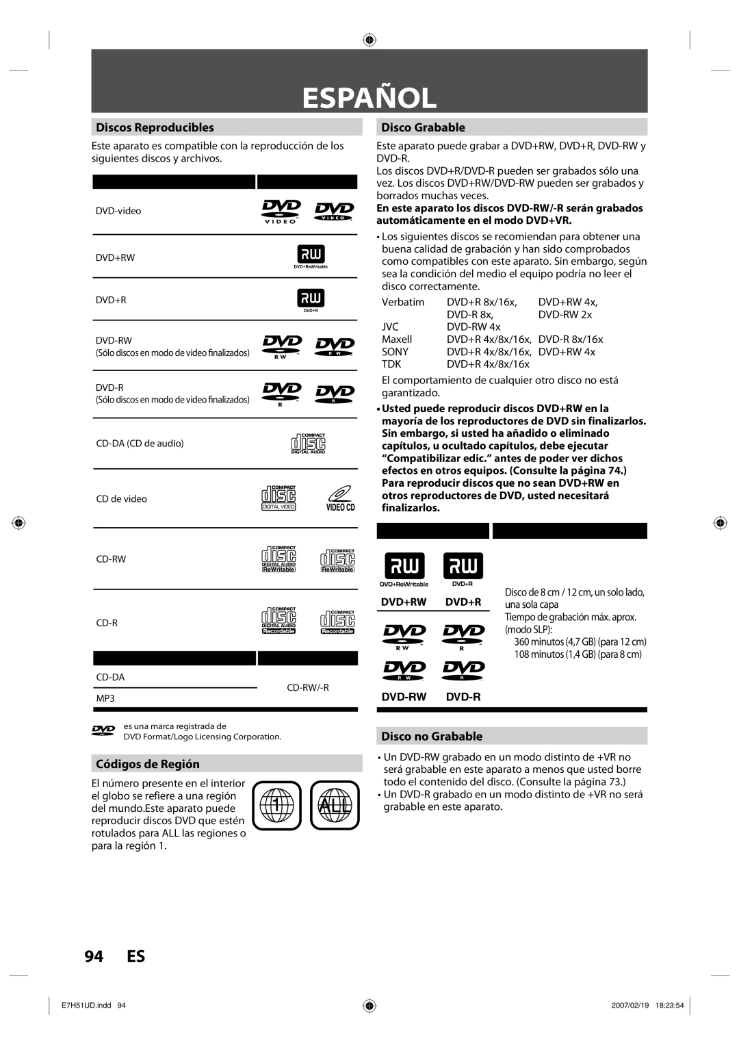 FUNAI ZC350MS8 owner manual Español, Discos Reproducibles, Códigos de Región, Disco Grabable, Disco no Grabable 