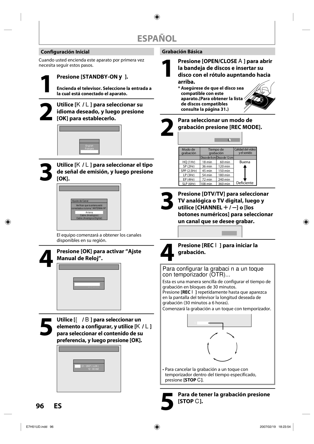 FUNAI ZC350MS8 owner manual Presione STANDBY-ON y, Presione OK para activar Ajste Manual de Reloj, Arriba 