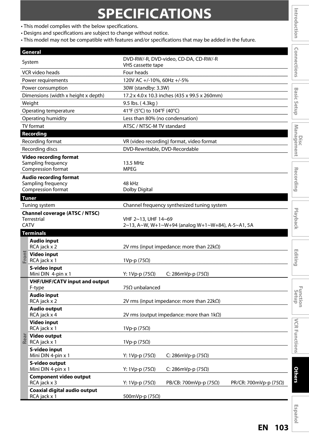 FUNAI ZV450TT8 owner manual Specifications, General, Recording, Tuner, Terminals 