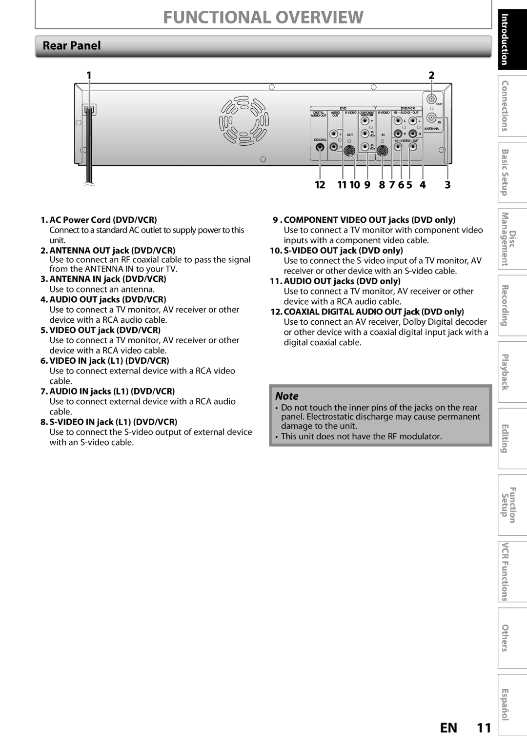 FUNAI ZV450TT8 owner manual Functional Overview, Rear Panel, 11 10 