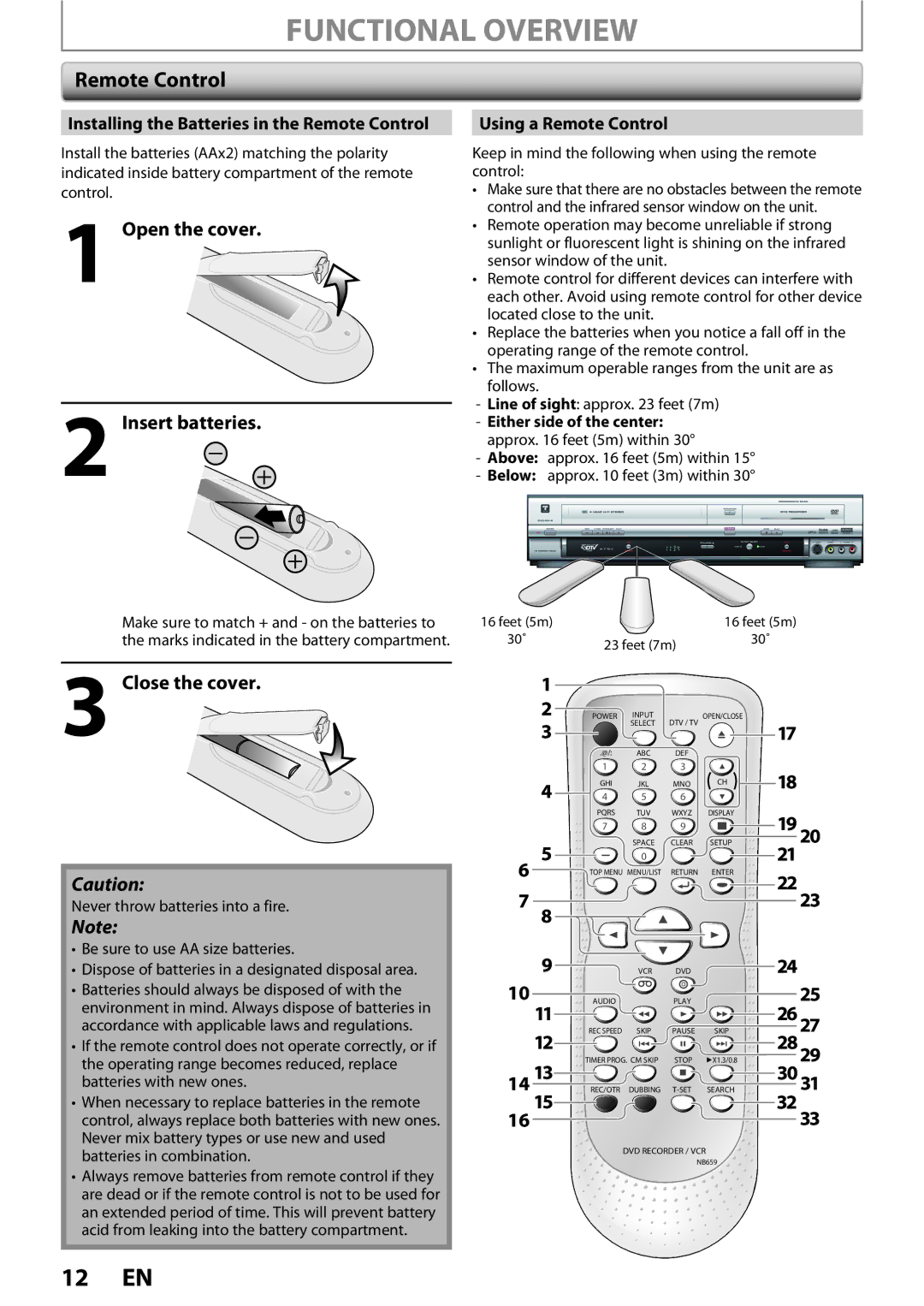 FUNAI ZV450TT8 owner manual Open the cover Insert batteries, Close the cover, Using a Remote Control 