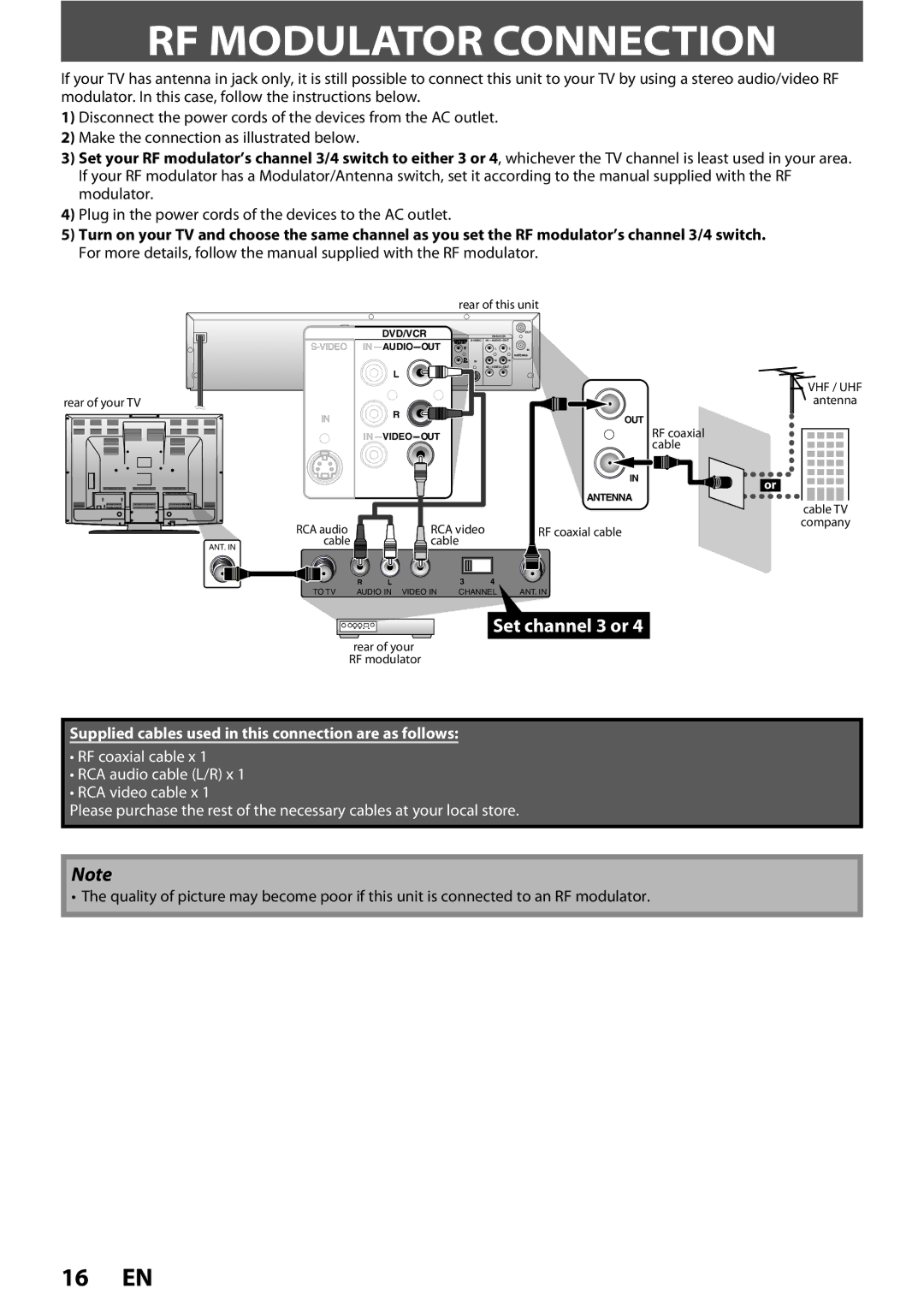 FUNAI ZV450TT8 owner manual RF Modulator Connection, Plug in the power cords of the devices to the AC outlet 