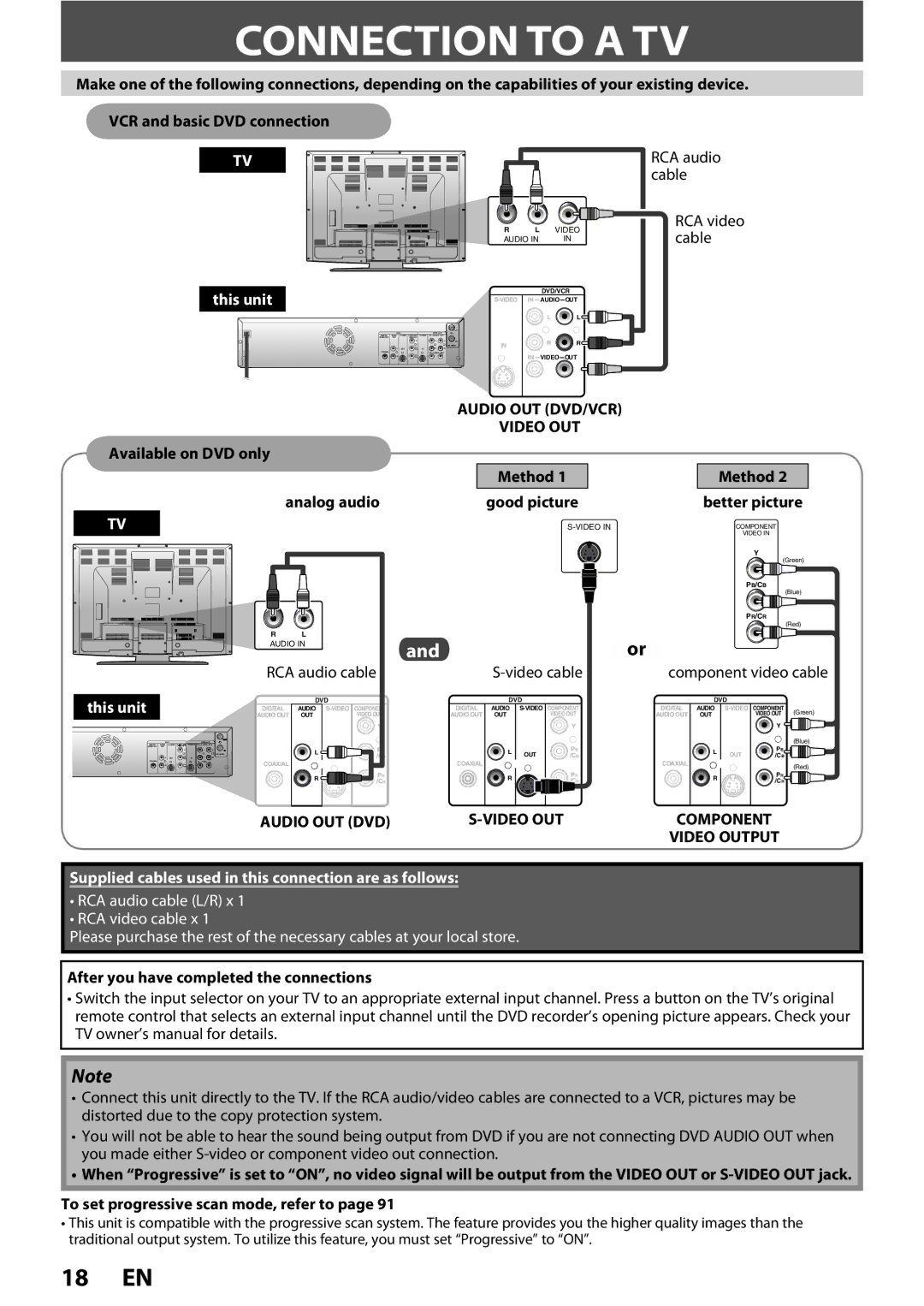 FUNAI ZV450TT8 owner manual Connection to a TV, This unit, Audio OUT DVD Video OUT Component Video Output 