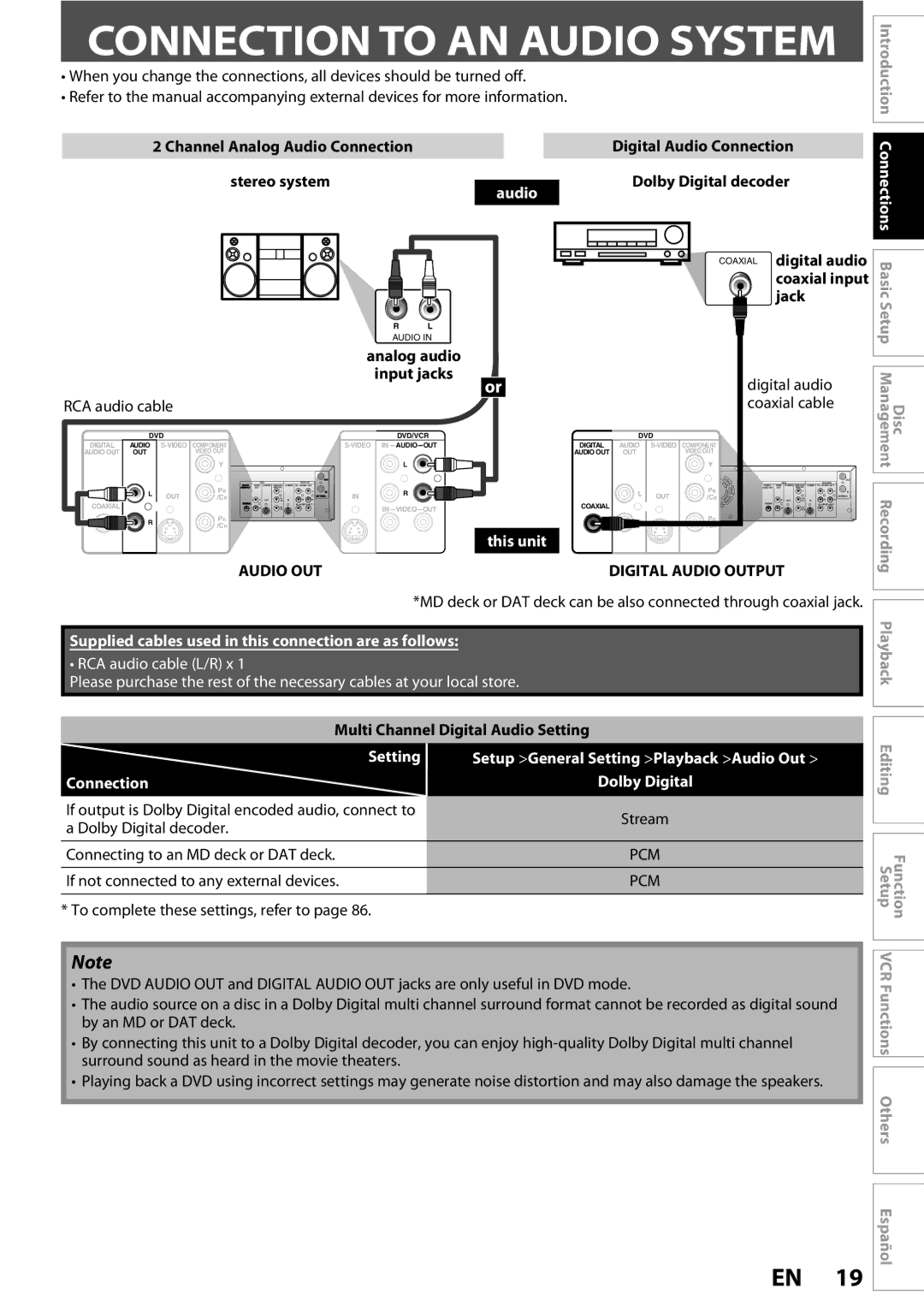 FUNAI ZV450TT8 owner manual Connection to AN Audio System, Audio OUT, Setting, Connection Dolby Digital 