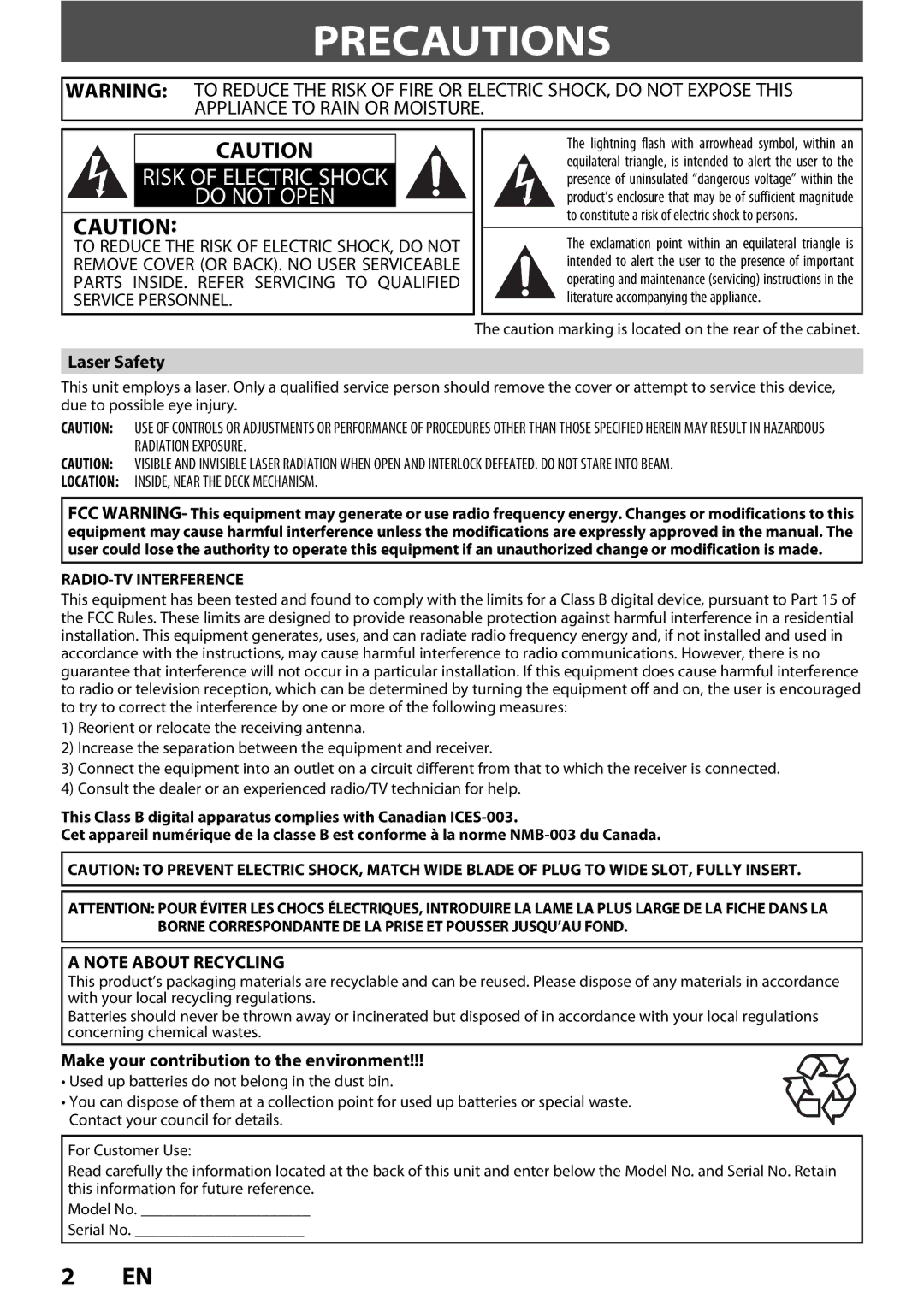 FUNAI ZV450TT8 owner manual Precautions, Laser Safety, Make your contribution to the environment, RADIO-TV Interference 