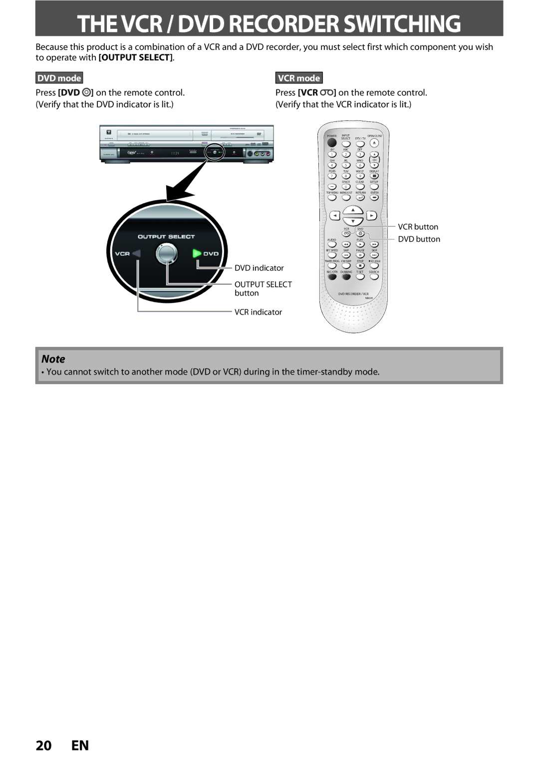 FUNAI ZV450TT8 owner manual Thevcr / DVD Recorder Switching, VCR mode 