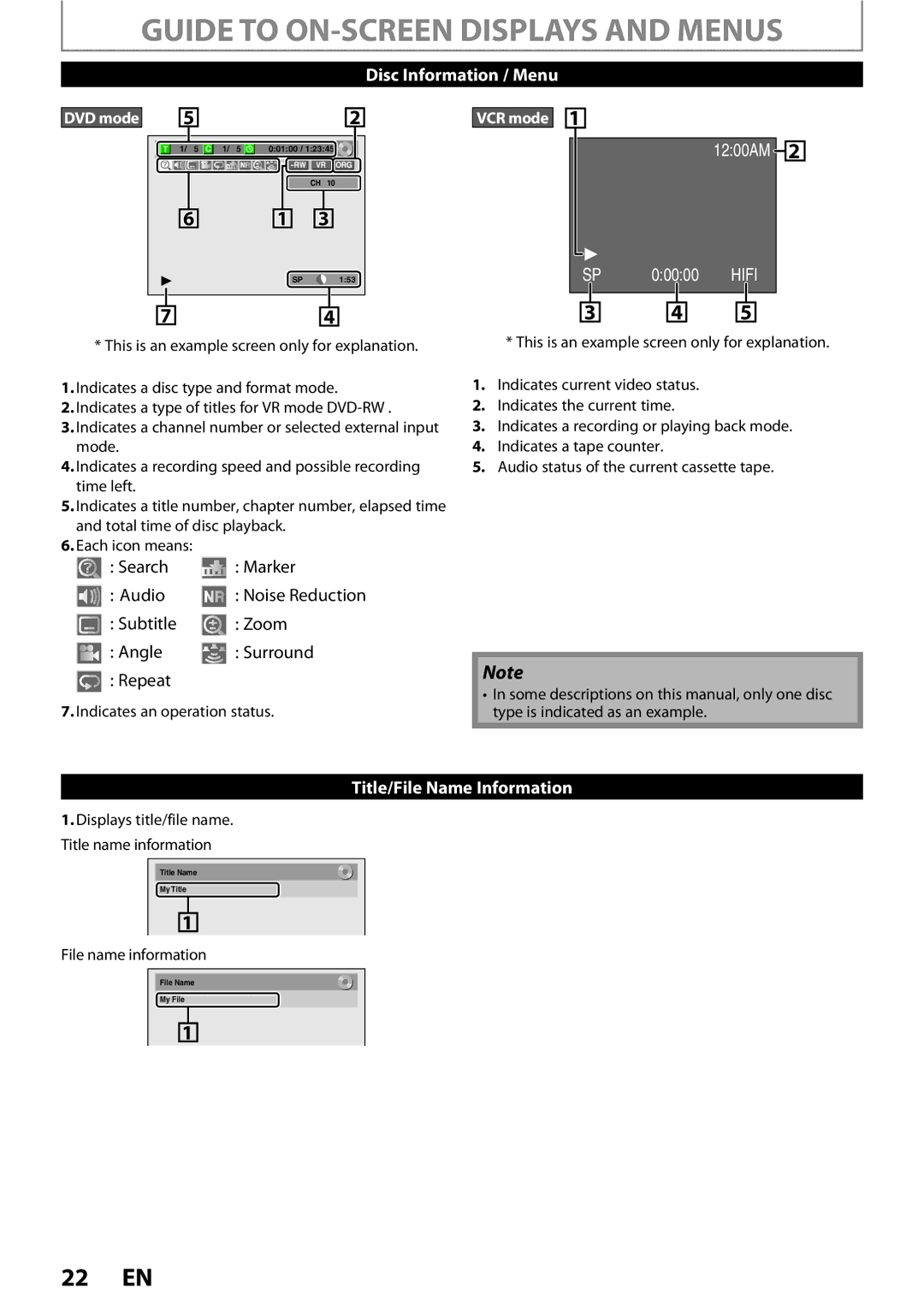 FUNAI ZV450TT8 owner manual Guide to ON-SCREEN Displays and Menus, DVD mode Disc Information / Menu 