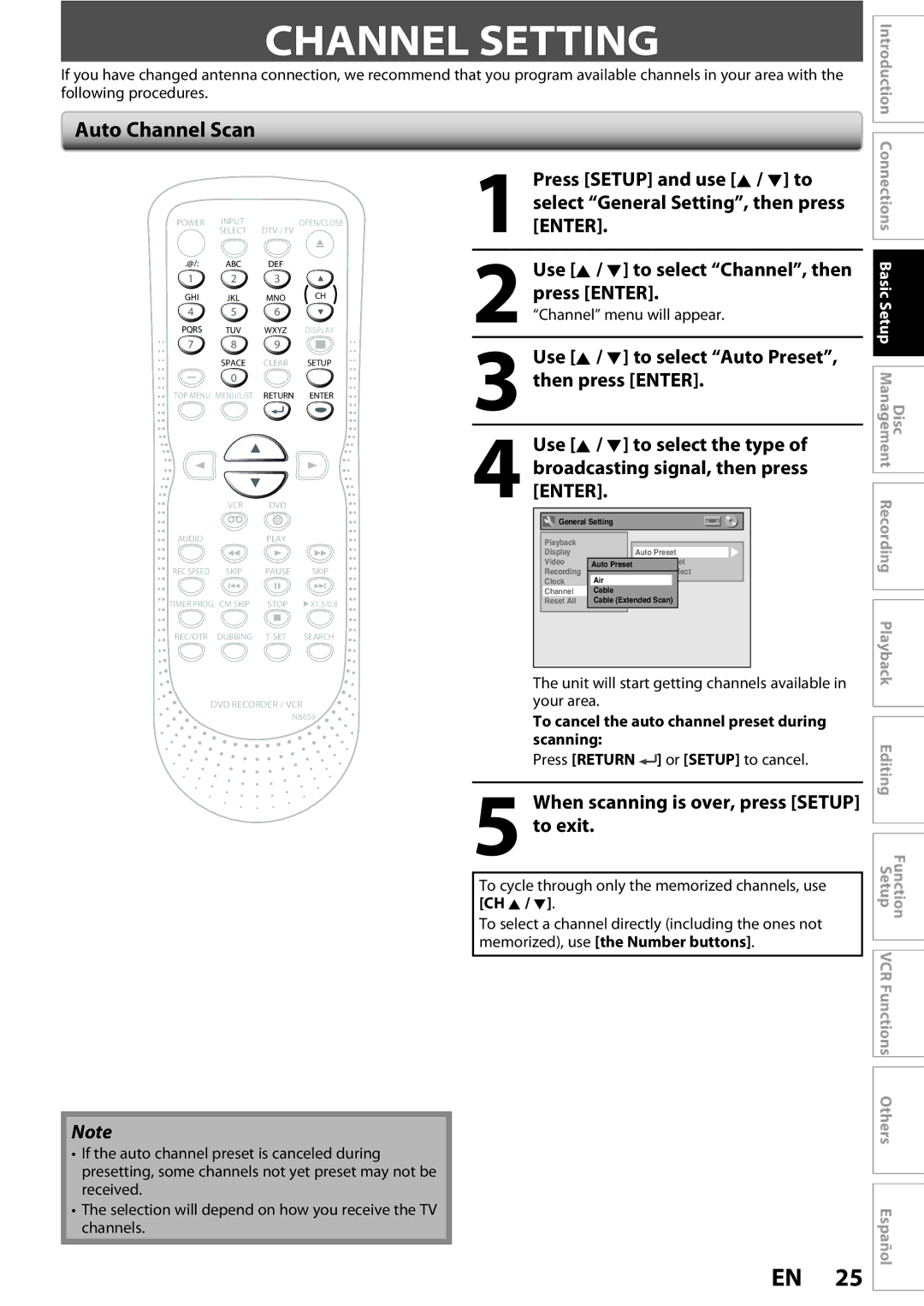 FUNAI ZV450TT8 owner manual Channel Setting, Auto Channel Scan, Use K / L to select Auto Preset, then press Enter 