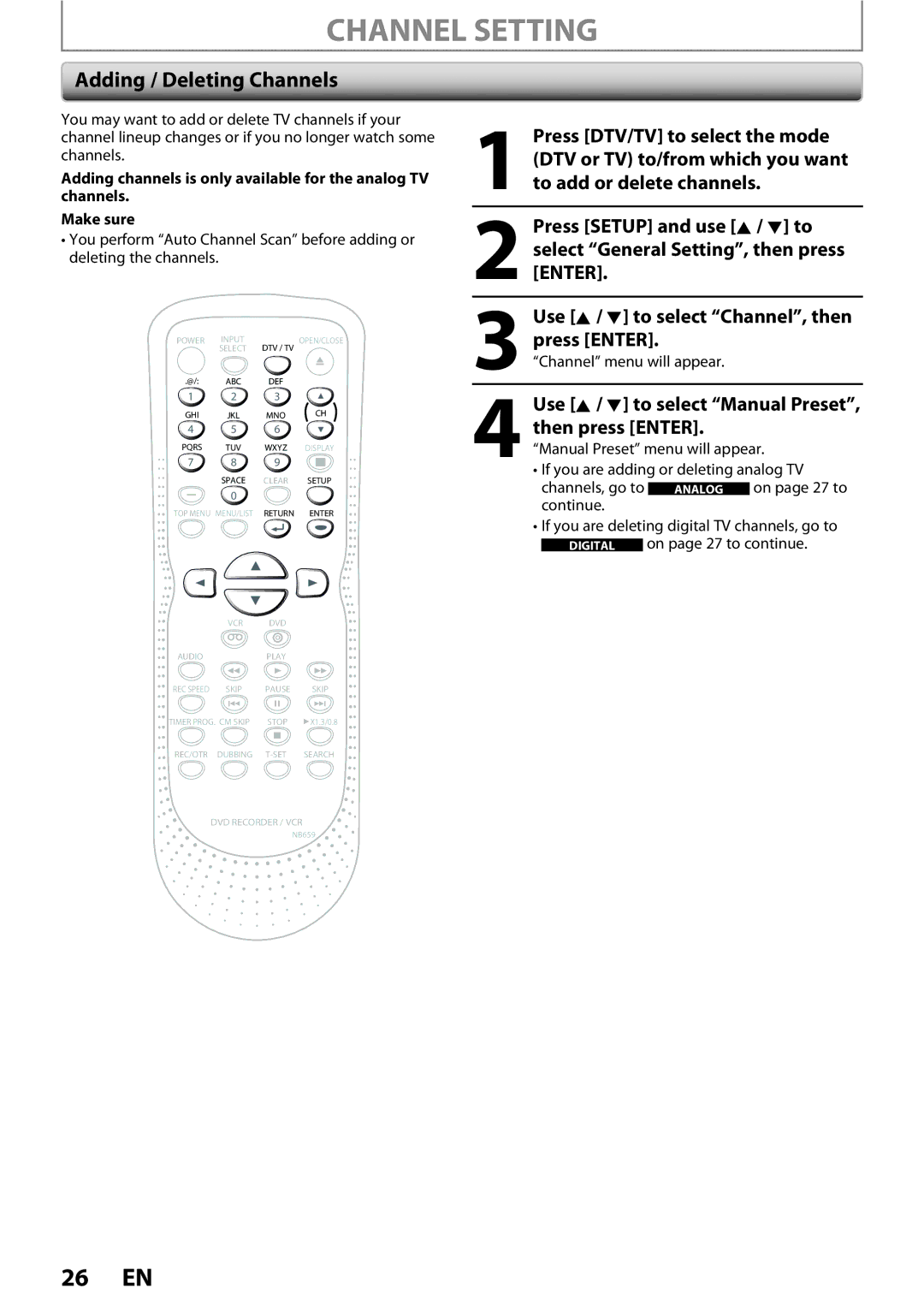 FUNAI ZV450TT8 Channel Setting, Adding / Deleting Channels, Use K / L to select Manual Preset, then press Enter 