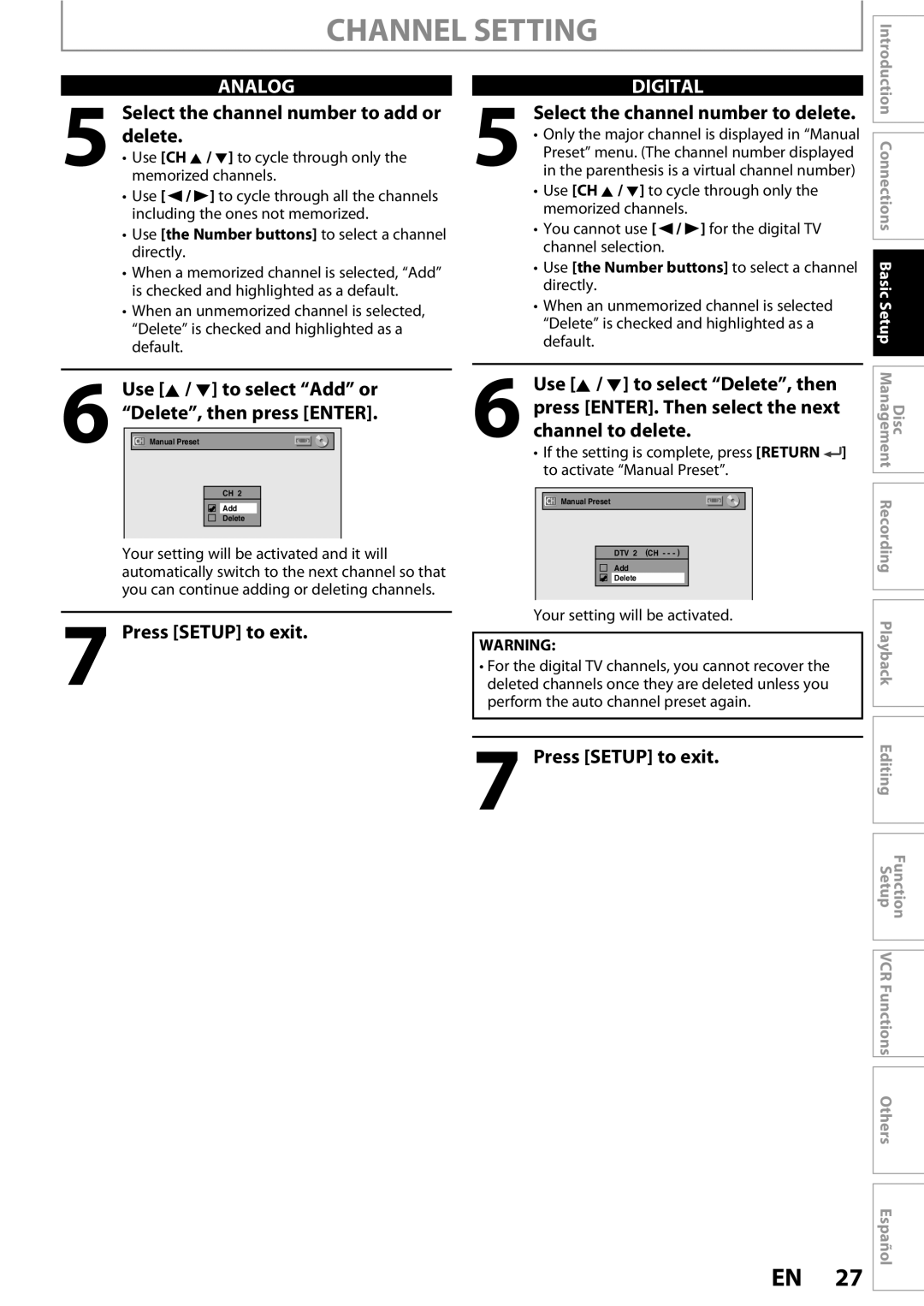 FUNAI ZV450TT8 owner manual Delete, Press Setup to exit 