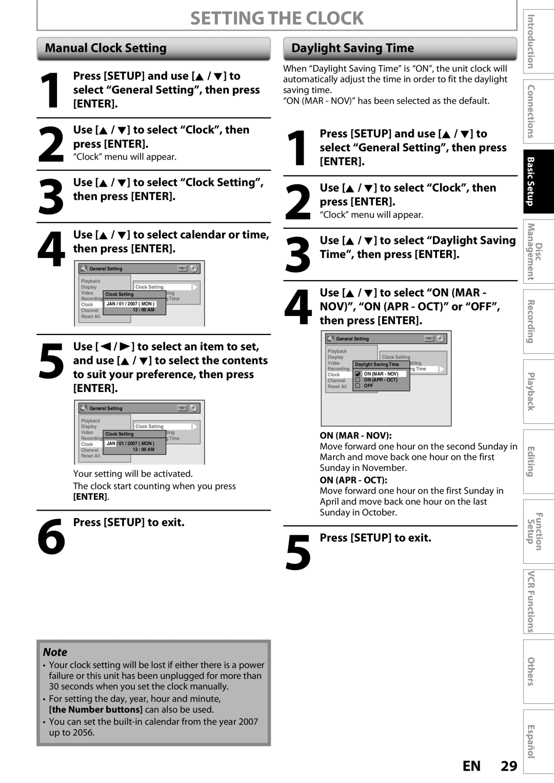 FUNAI ZV450TT8 owner manual Setting the Clock, Manual Clock Setting, Daylight Saving Time 